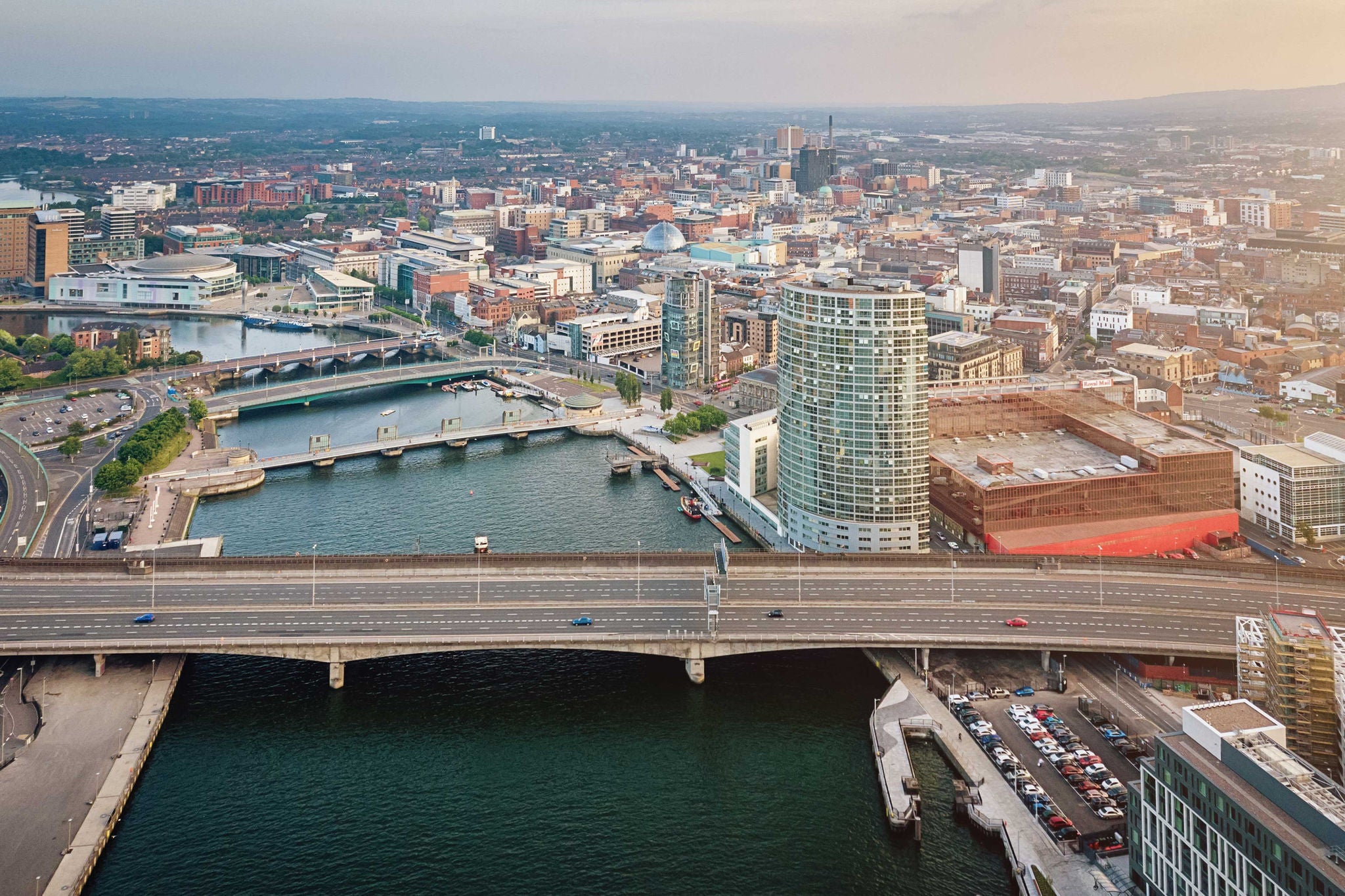 ey-belfast-sunset-river-lagan-north-ireland-aerial-view