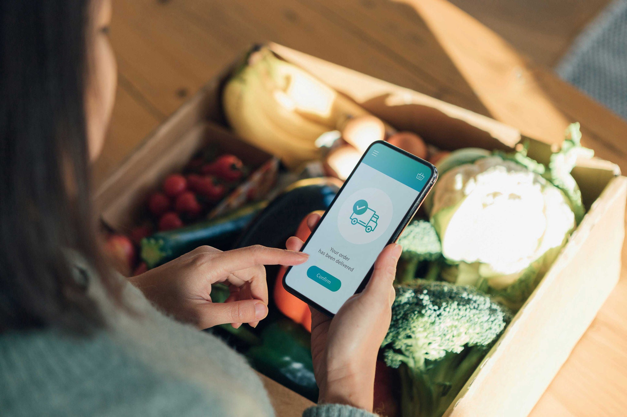 Young woman ordering groceries online with smartphone