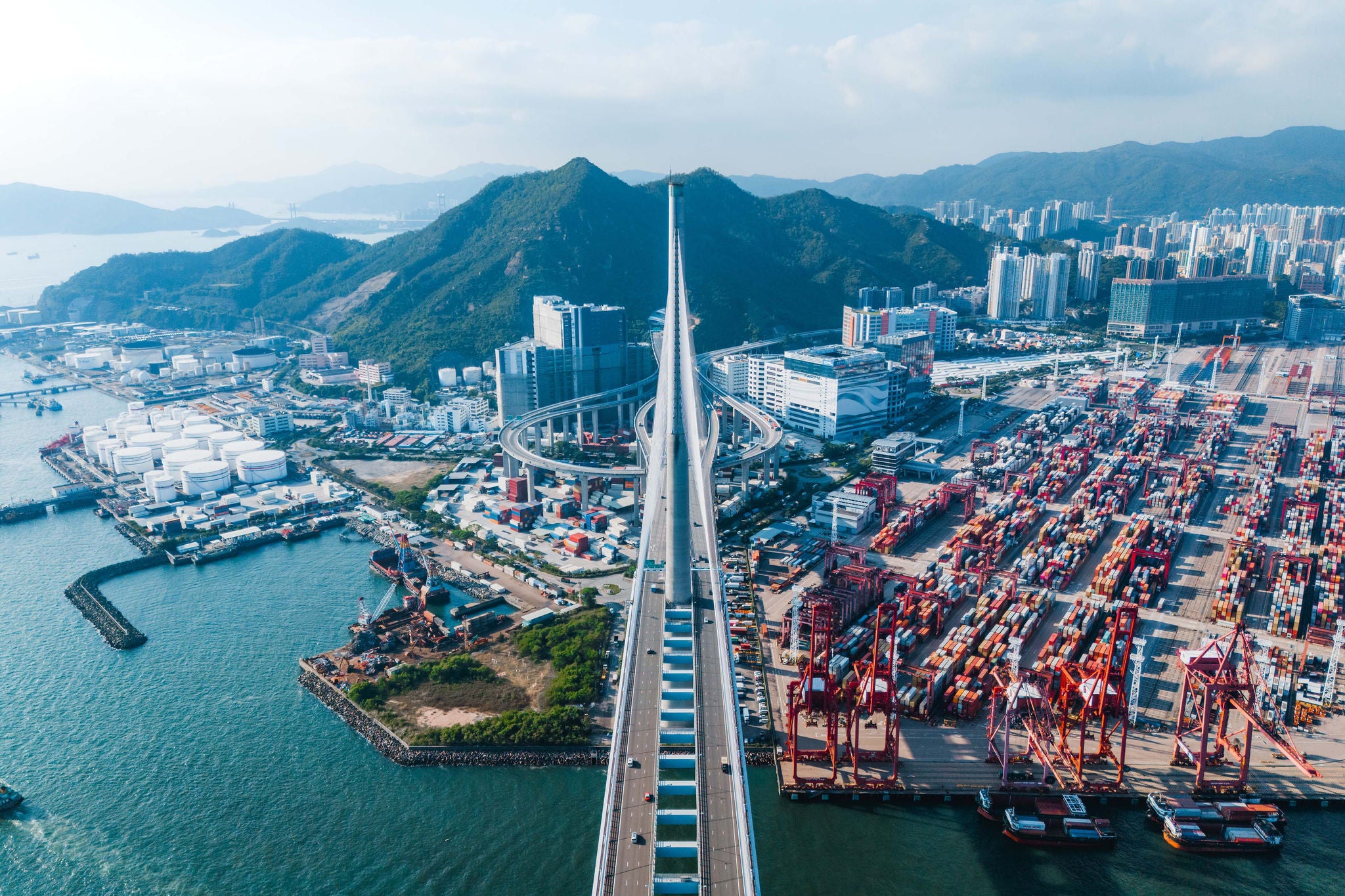 Aerial view of stonecutters bridge and the tsing sha highway Hong kong