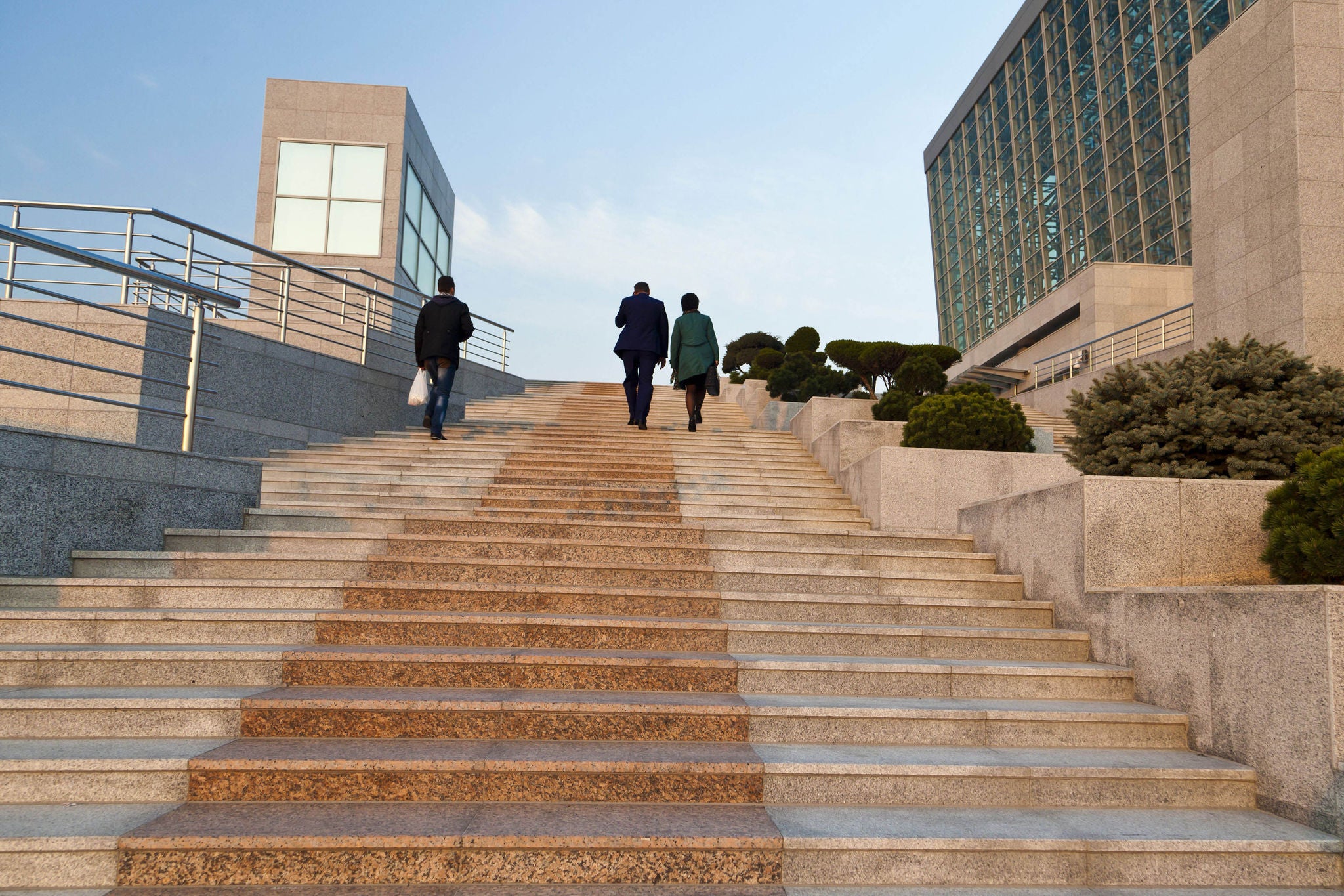 Long ladder, leading up, to the big building