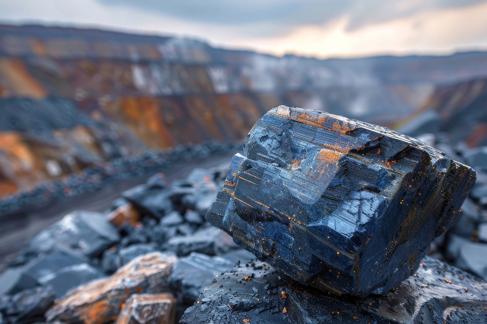 Cobalt ore against a blurred industrial mine, battery’s heart