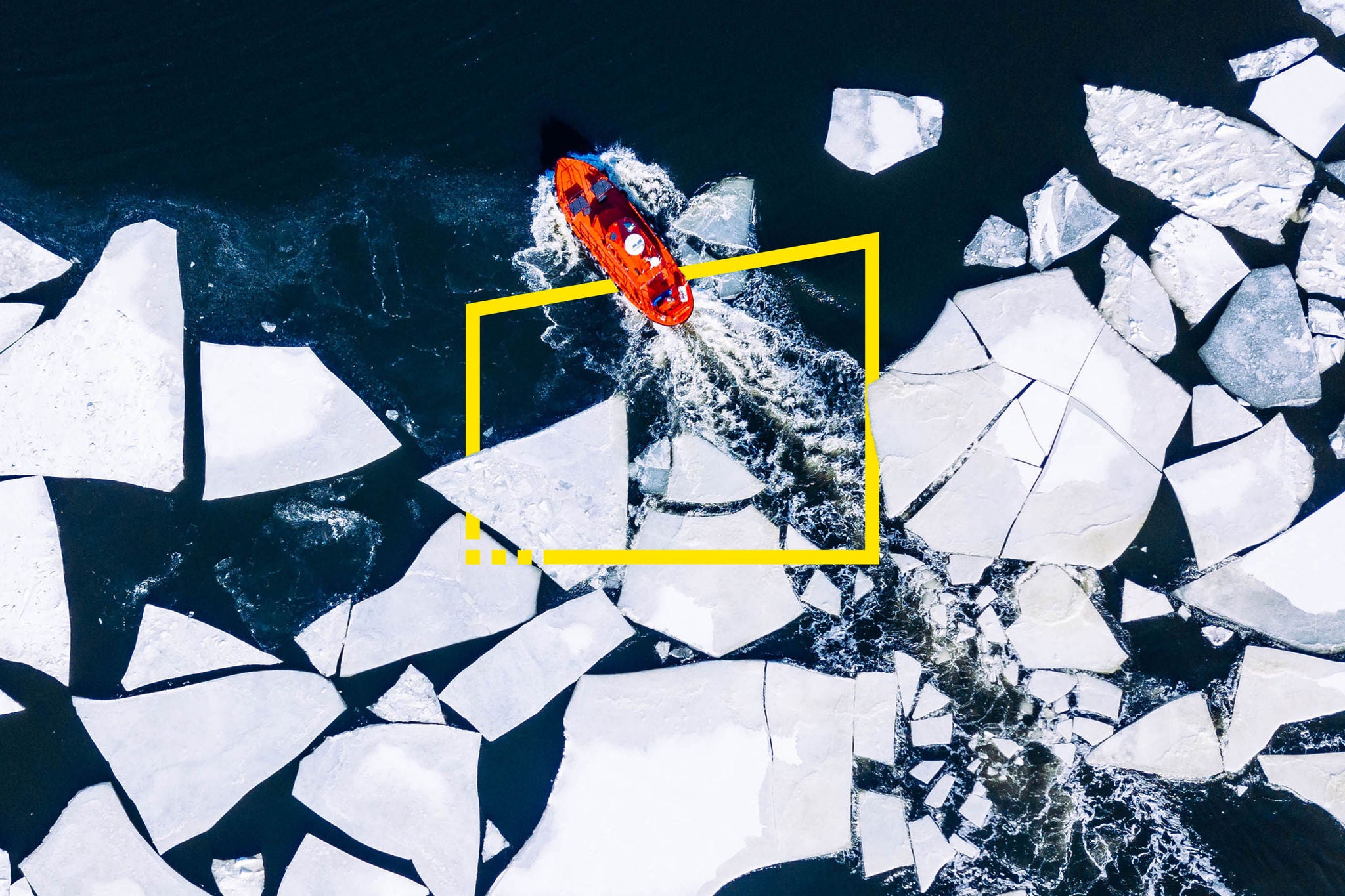 Aerial red ice breaker cracked ice baltic sea helsinki static