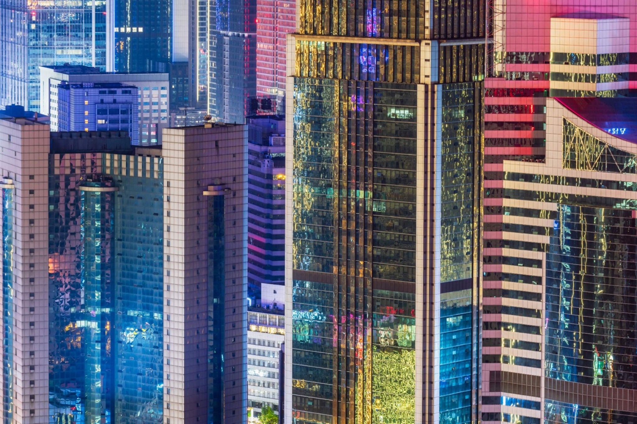 Skyscrapers illuminated at night