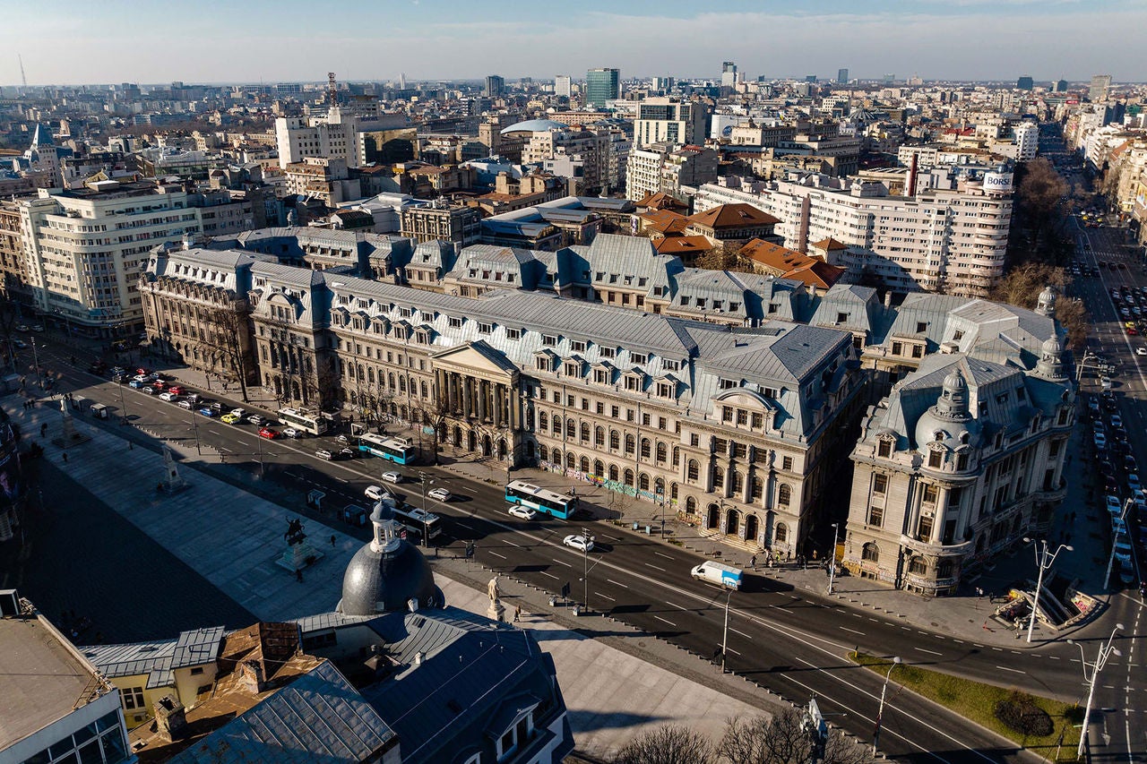 Aerial view of downtown Bucharest on a sunny day