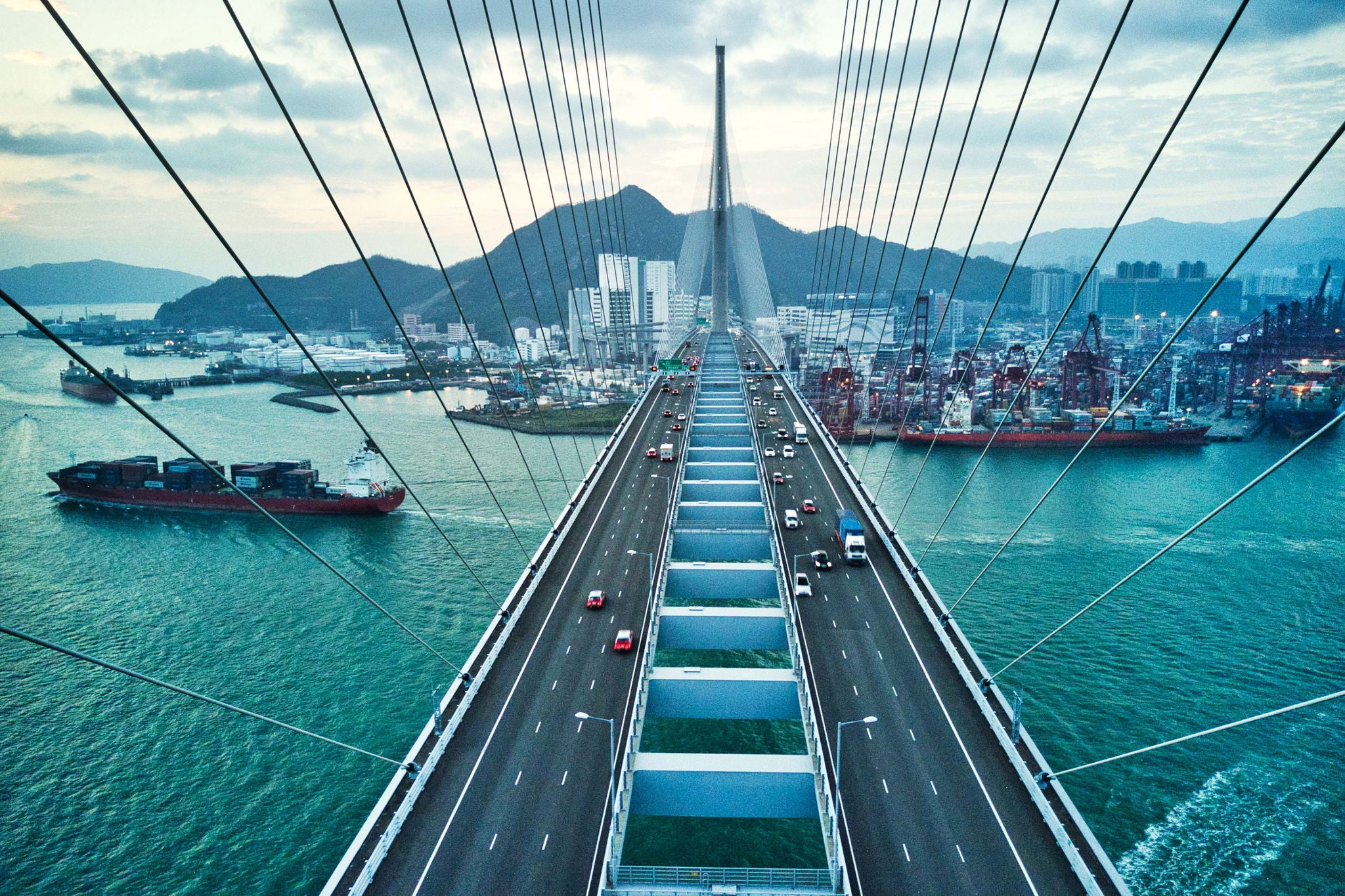 Bridge in Hong Kong and Container Cargo freight ship