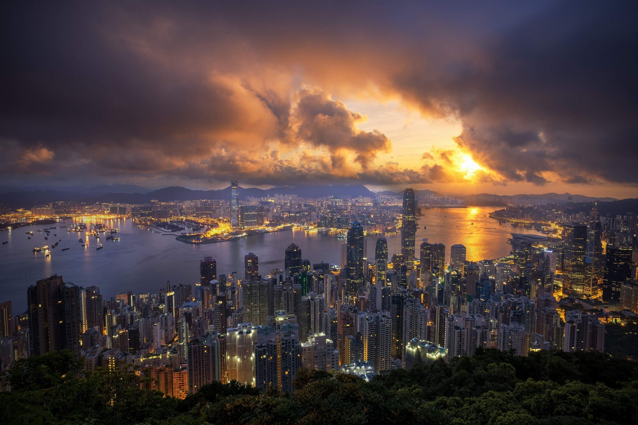 Night cityscape in Hongkong from top view