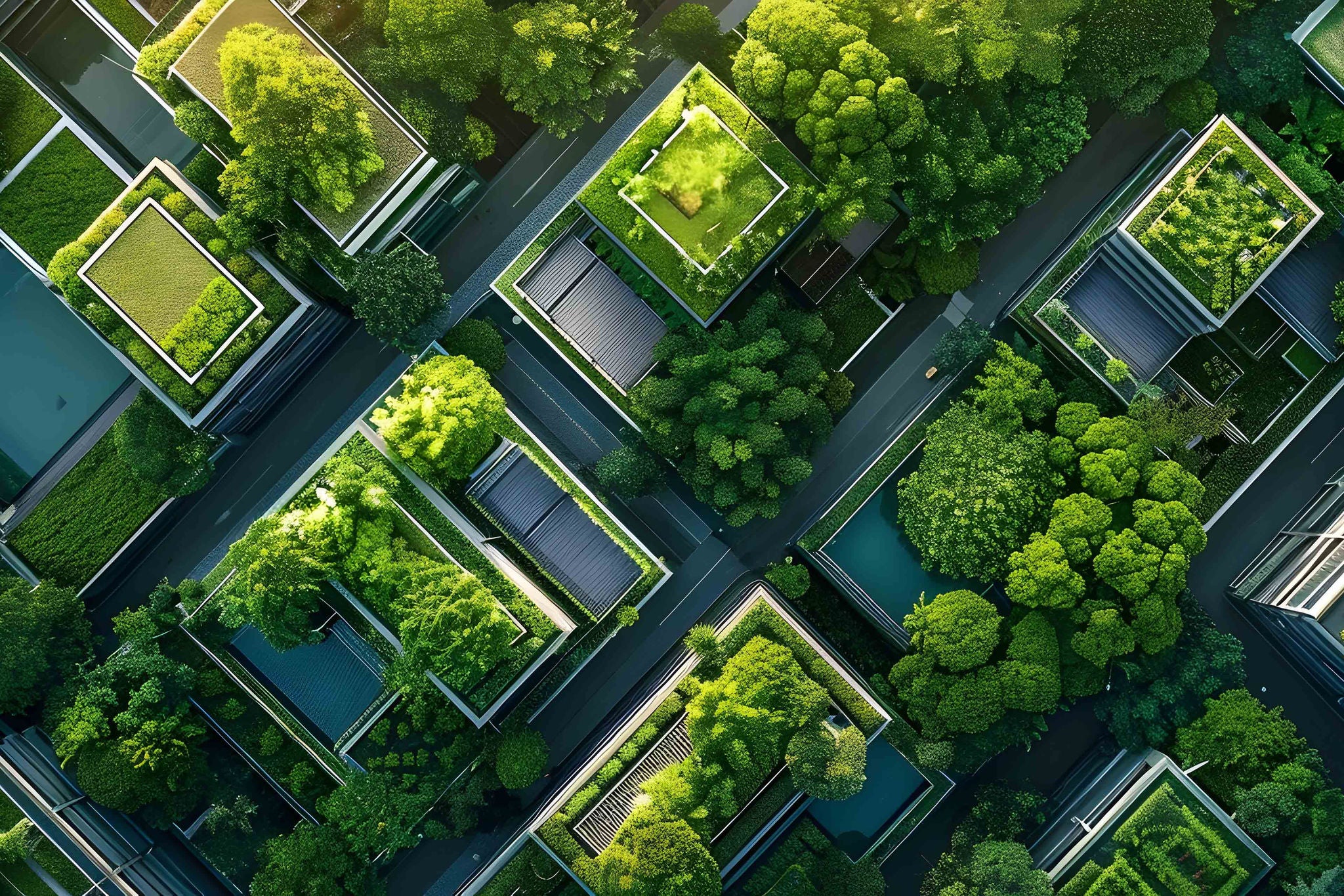 Aerial view of a city showcasing a sustainable urban landscape that integrates green roofs parks and natural waterways highlighting the concept of nature and sustainability in the urban environment