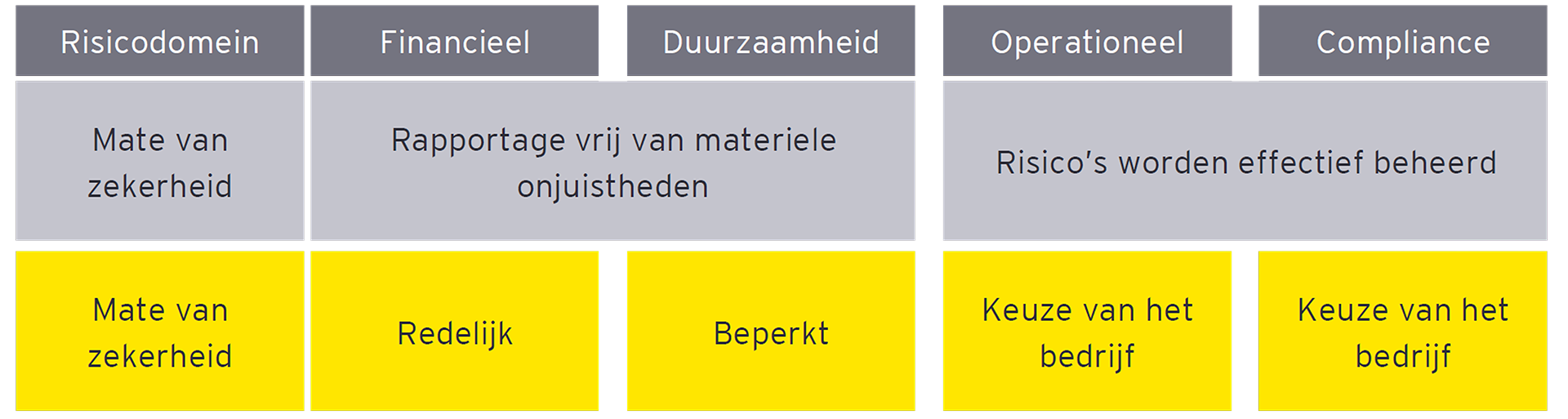 Overzicht van de vereiste mate van zekerheid per risicodomein.