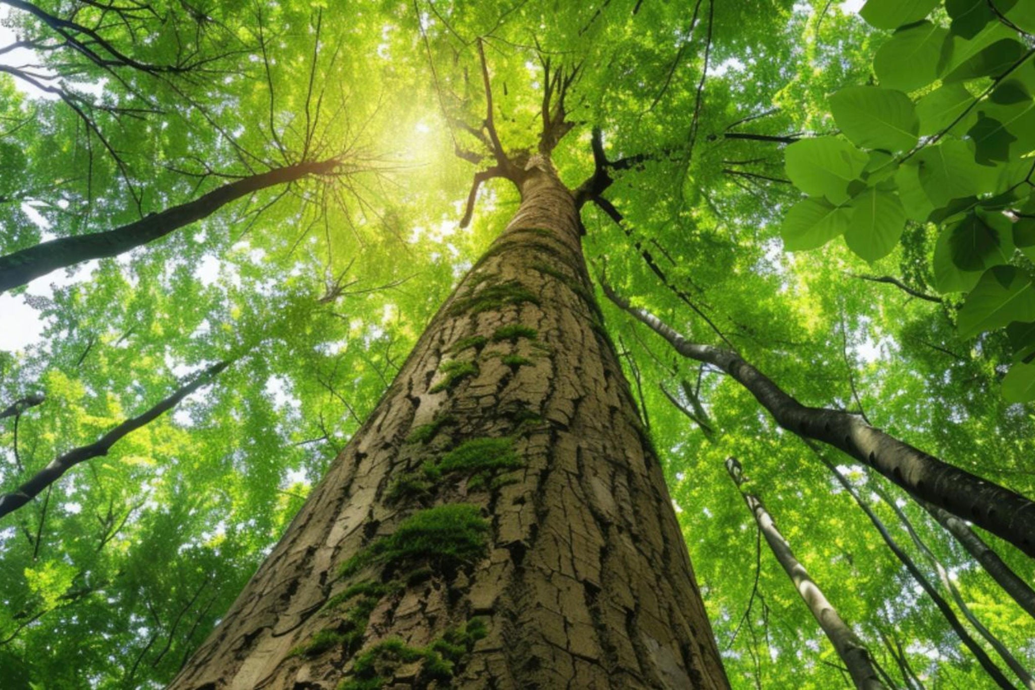 Large, tall tree with wide background view in forest 