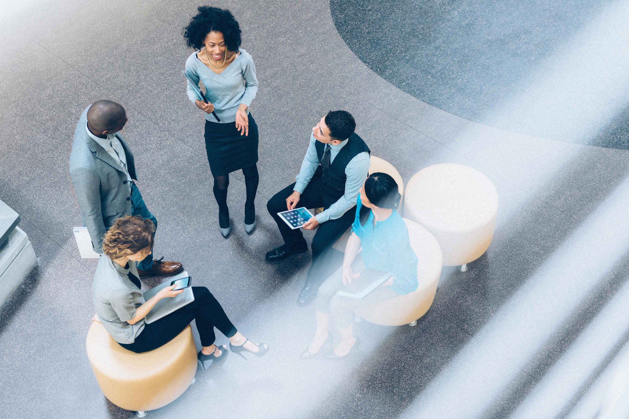 Overhead view of business people in a meeting