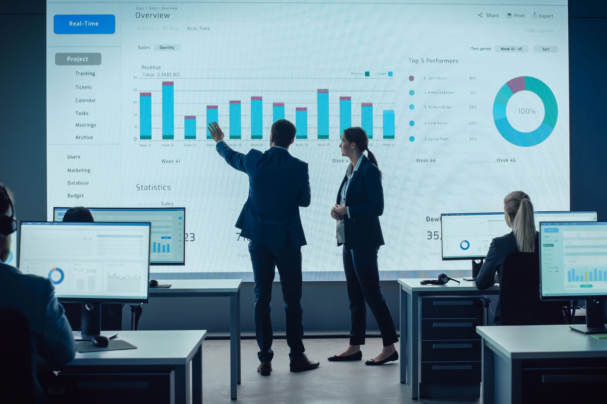 Two Traders Having a Meeting in a Modern Monitoring Office with Analytics Feed on a Big Digital Screen. Monitoring Room with Brokers and Finance Specialists Sit in Front of Computers. Colleagues Talk.