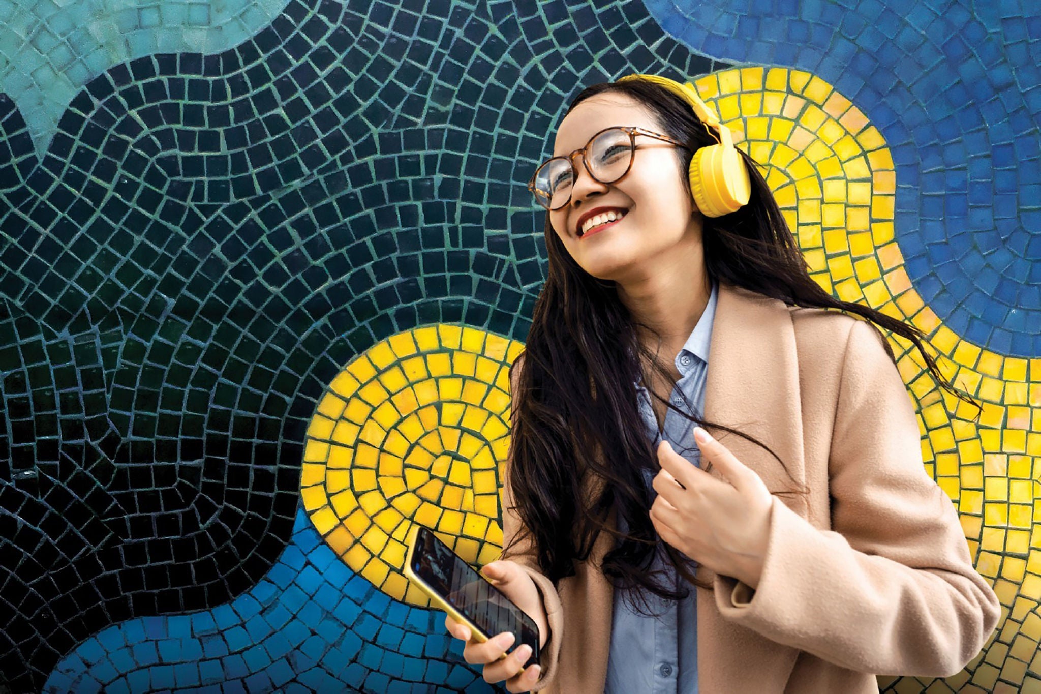 Women keeping headset and listening to careers