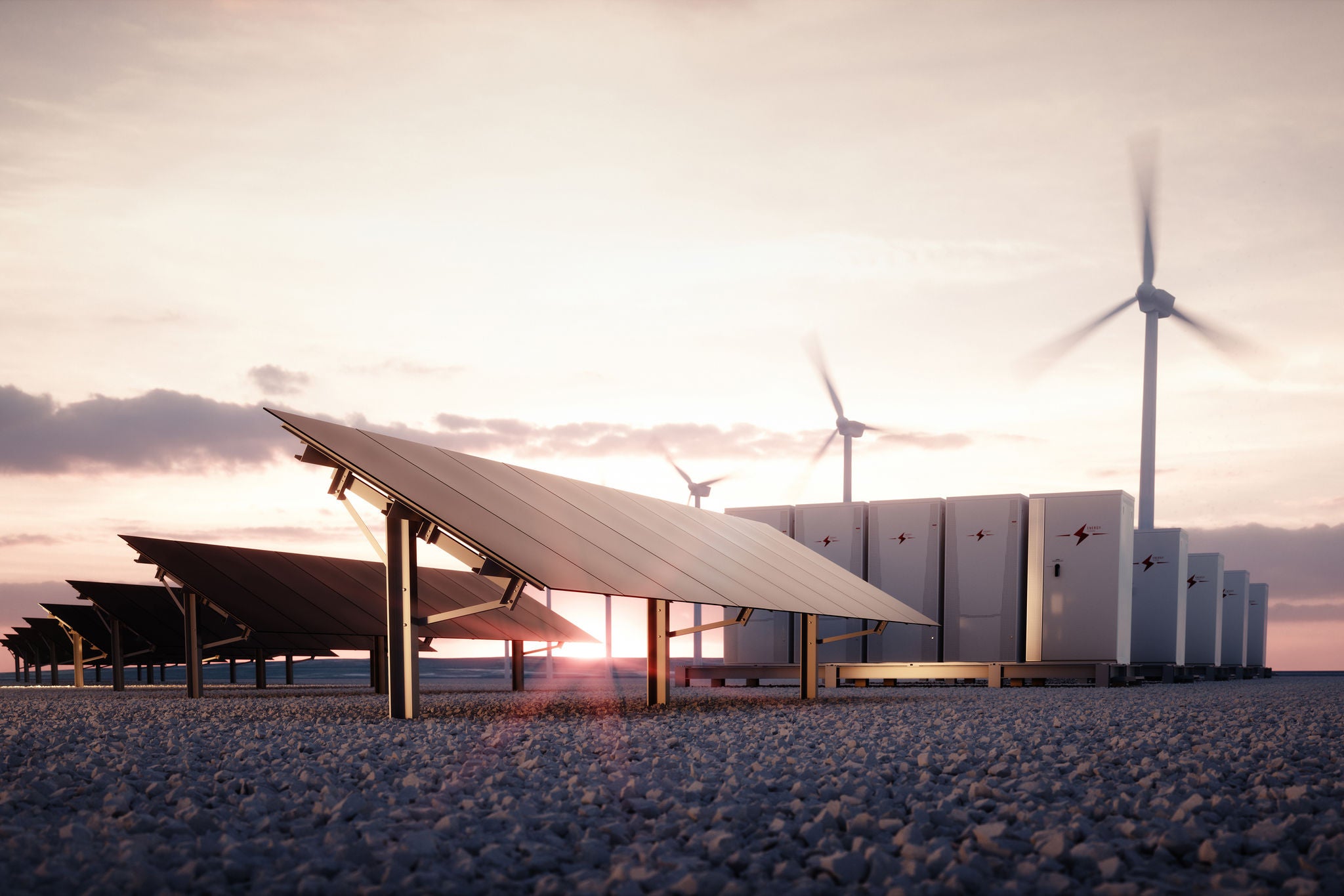 Dawn of new renewable energy technologies. Modern, aesthetic and efficient dark solar panel panels, a modular battery energy storage system and a wind turbine system in warm light. 3D rendering.