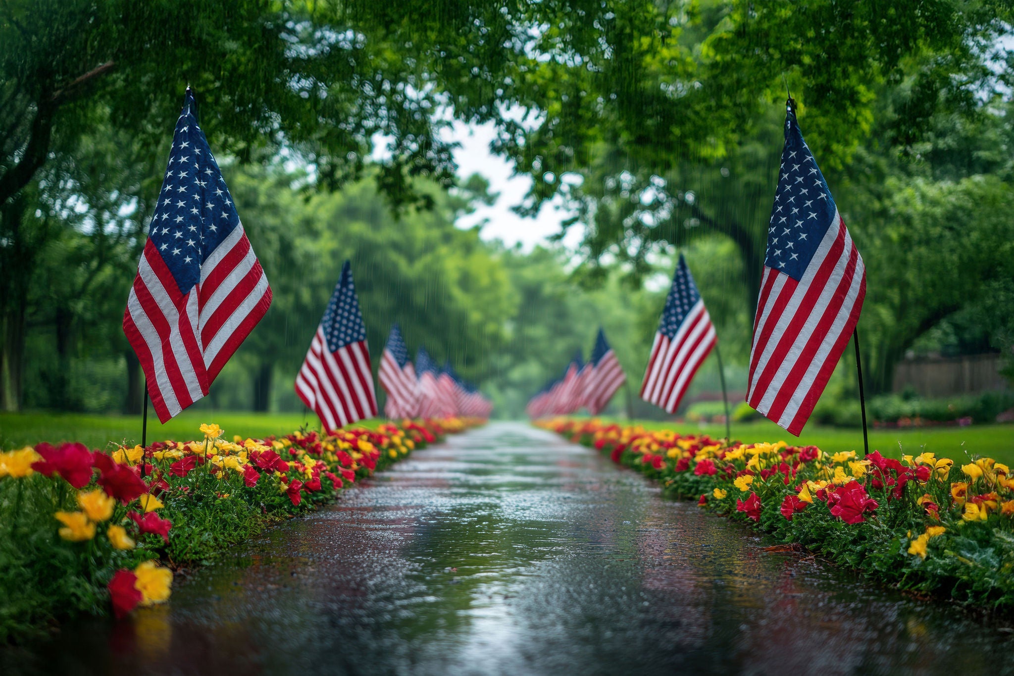 flag, flowers, path, park, rain, American, reflection, greenery