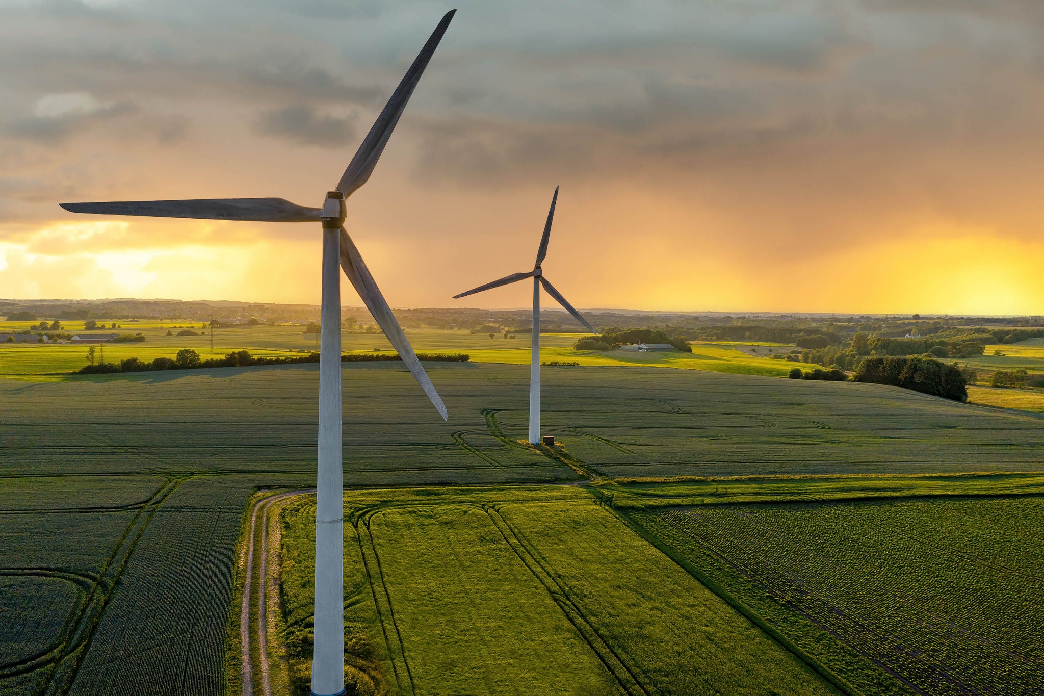 Wind turbine that produces electricity, built on a field in Skanderborg, Denmark