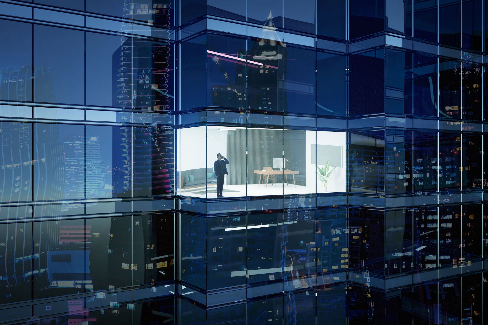 Businessman using mobile phone to talk business in office. View from the outside 3D rendering commercial skyscraper.