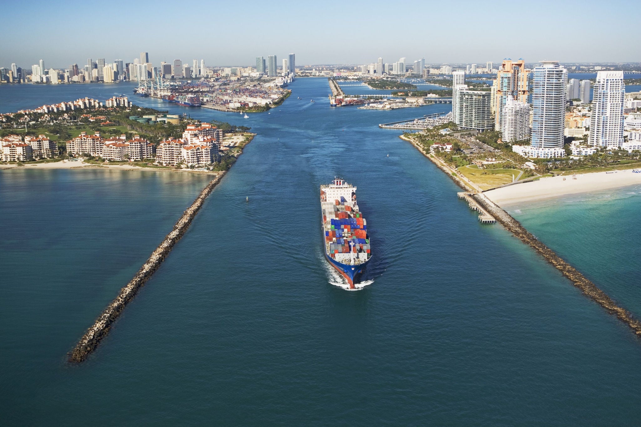 Container ship passing through canals