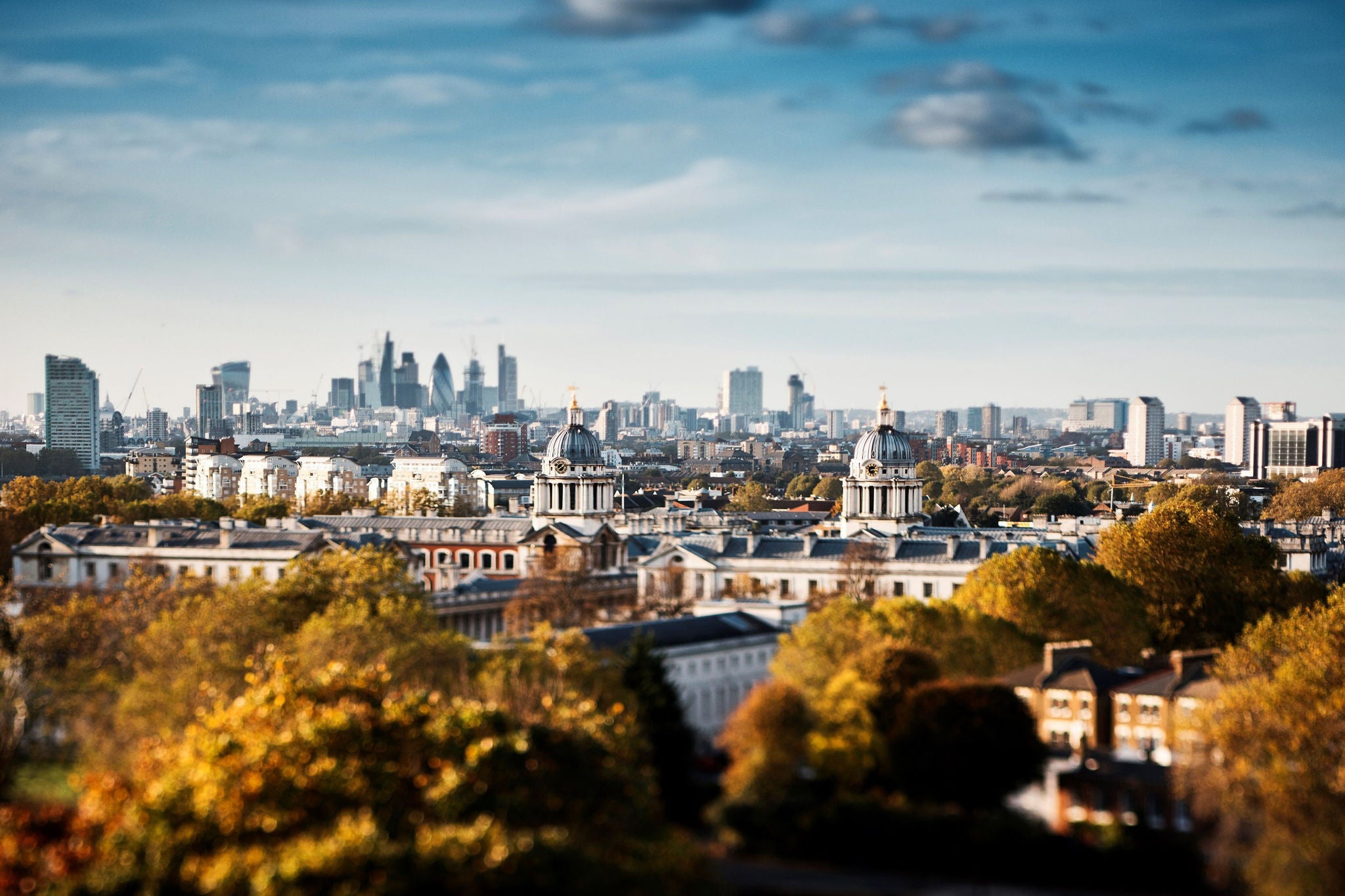 Photograph of the London skyline from Greenwich Park with the Royal Naval College