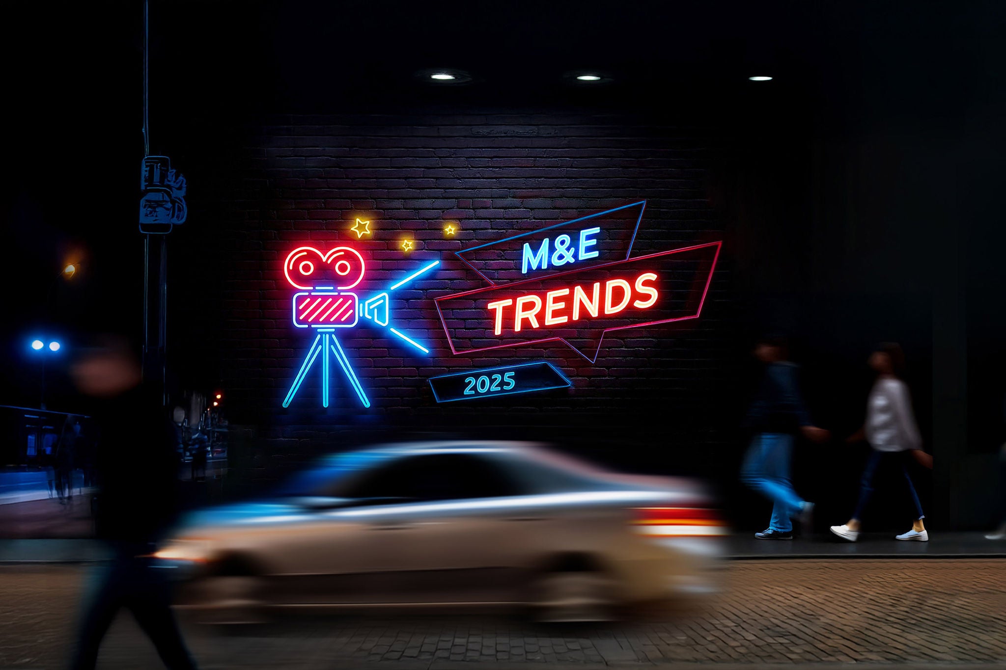 blurred car against a brick wall on the street with neon lights and people walking by