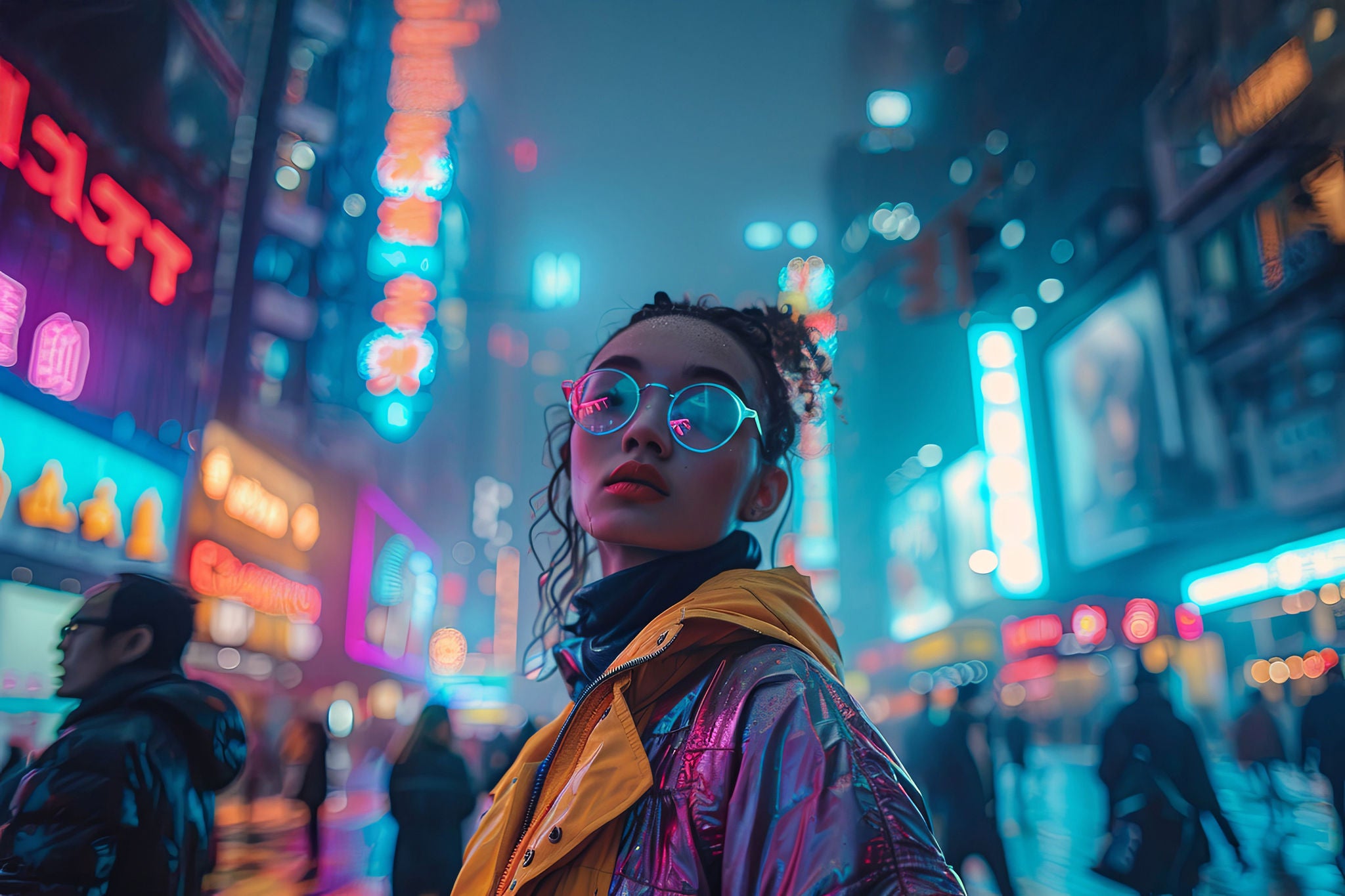 Amidst a bustling cityscape at night, a model stands illuminated by the neon lights, their futuristic outfit reflecting the vibrancy around them, showcasing modern urban couture