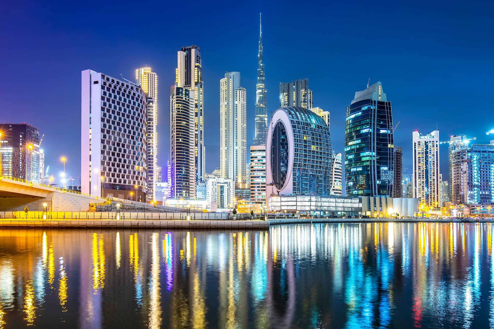 Dubai Business Bay area and night city scenic skyline, United Arab Emirates 	