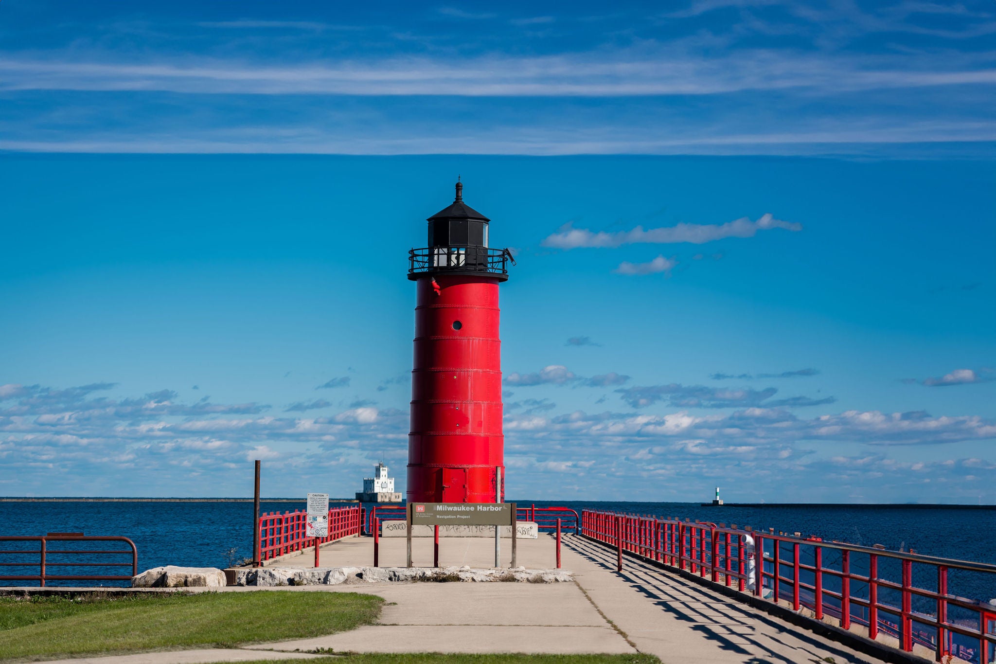 The Milwaukee pier head light and breakwater light on a beautiful clear and sunny day