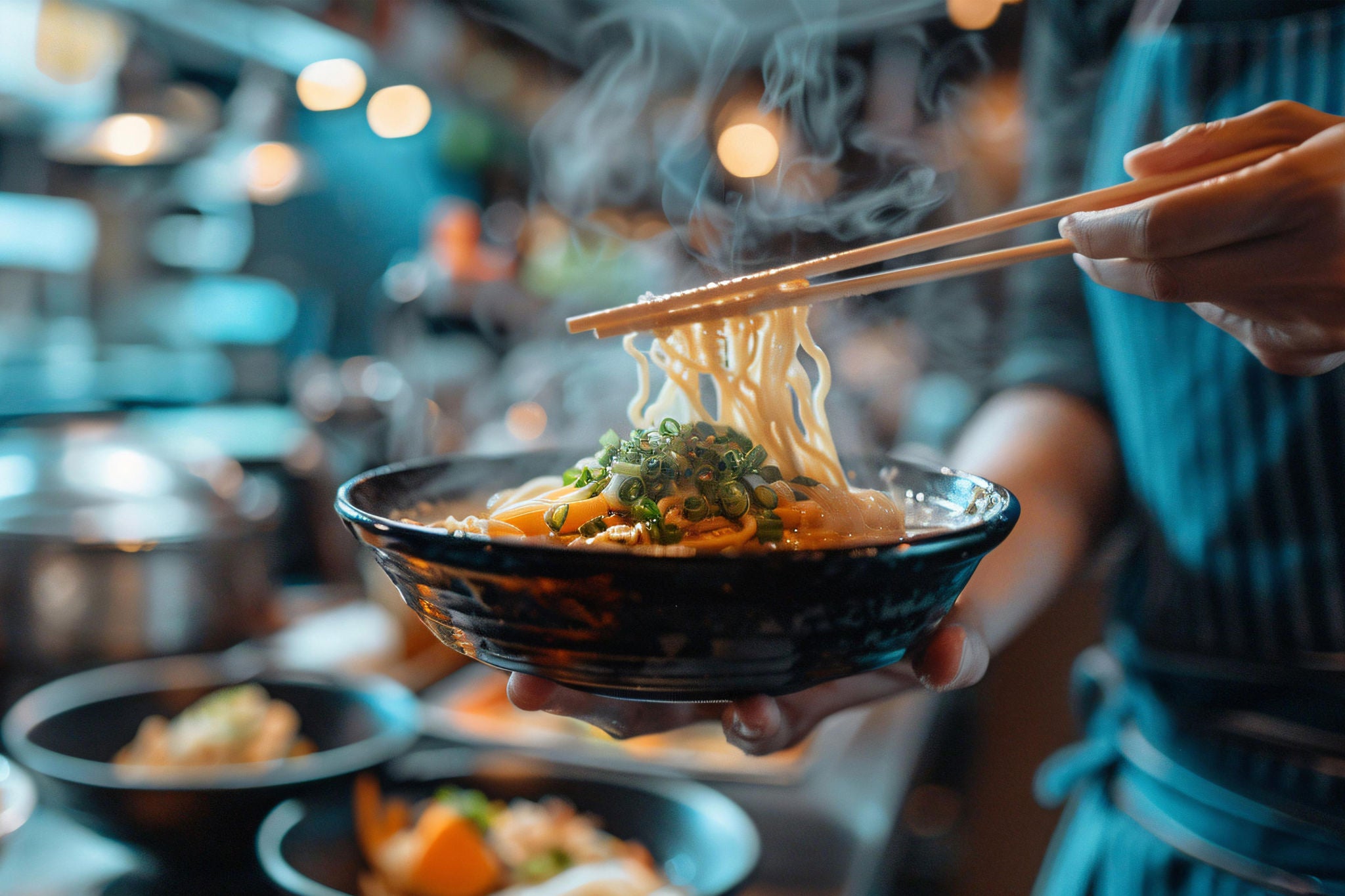 A person holding a steaming bowl of ramen in a cozy restaurant, with chopsticks poised and other dishes visible in the background