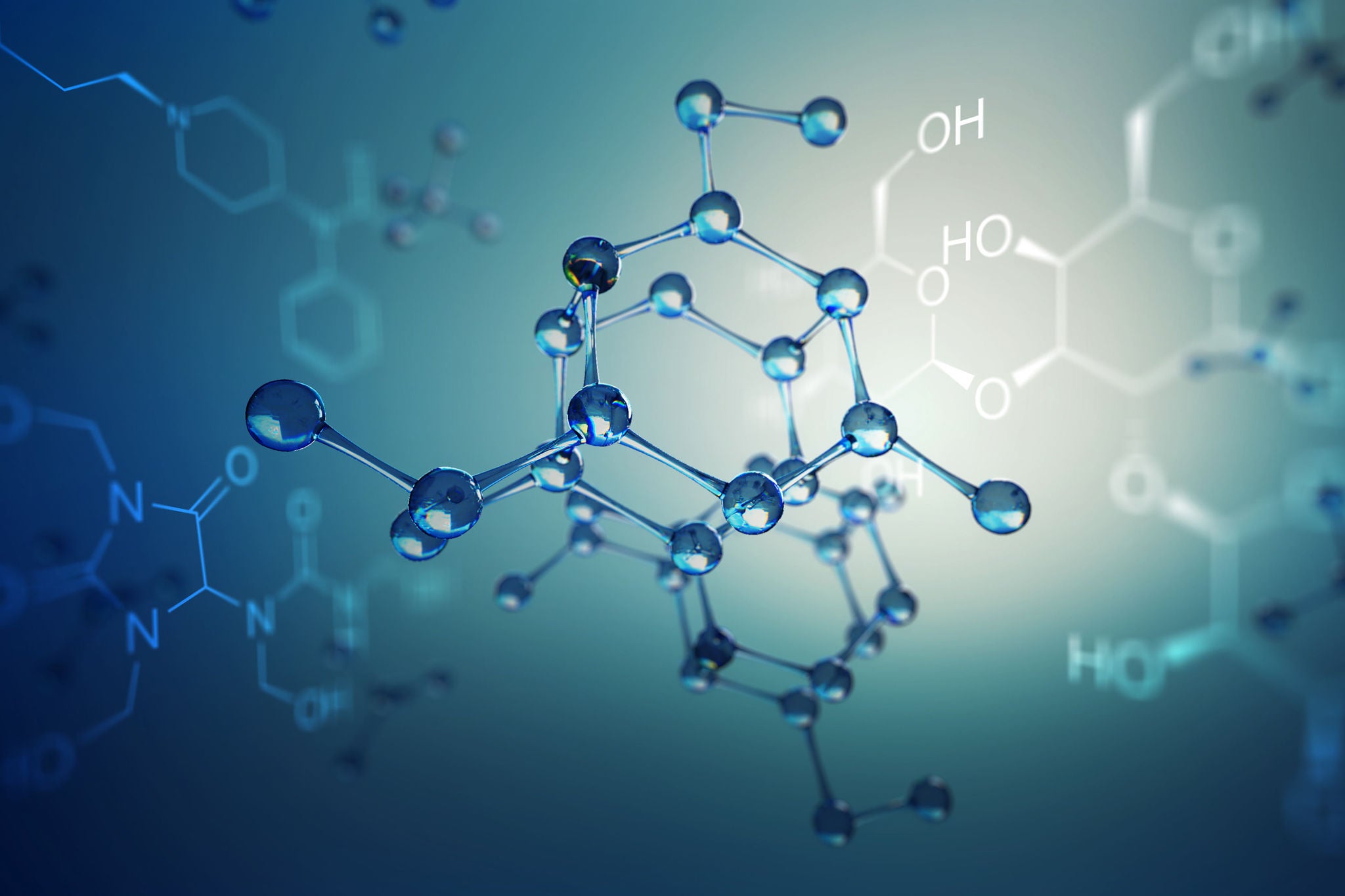 Connected molecules with molecular formula on background