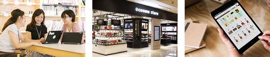 Inline image collage of three women talking at desk with laptops open and cosme store banner