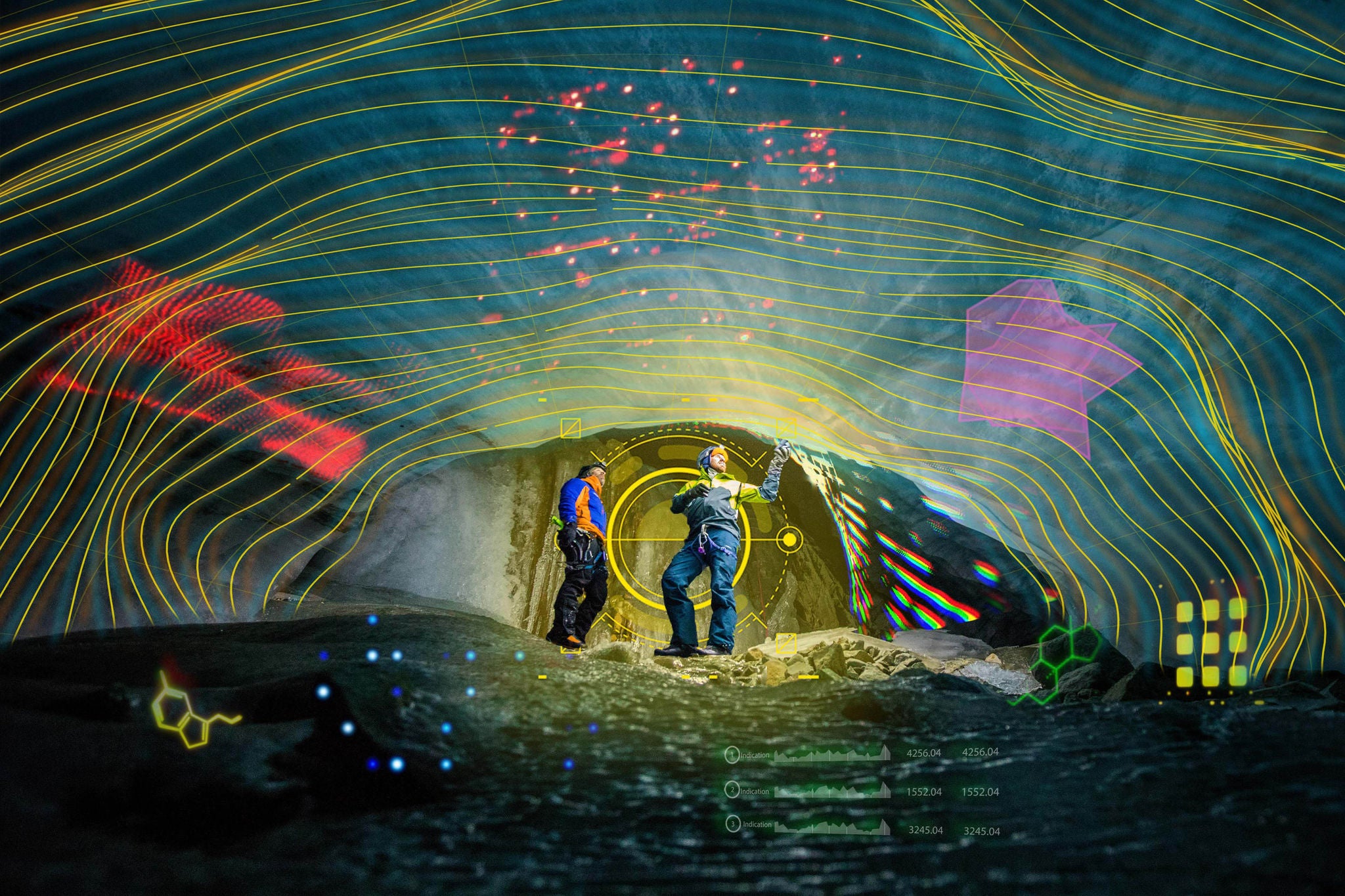 Two men marvel at frozen river of ice below a melting glacier