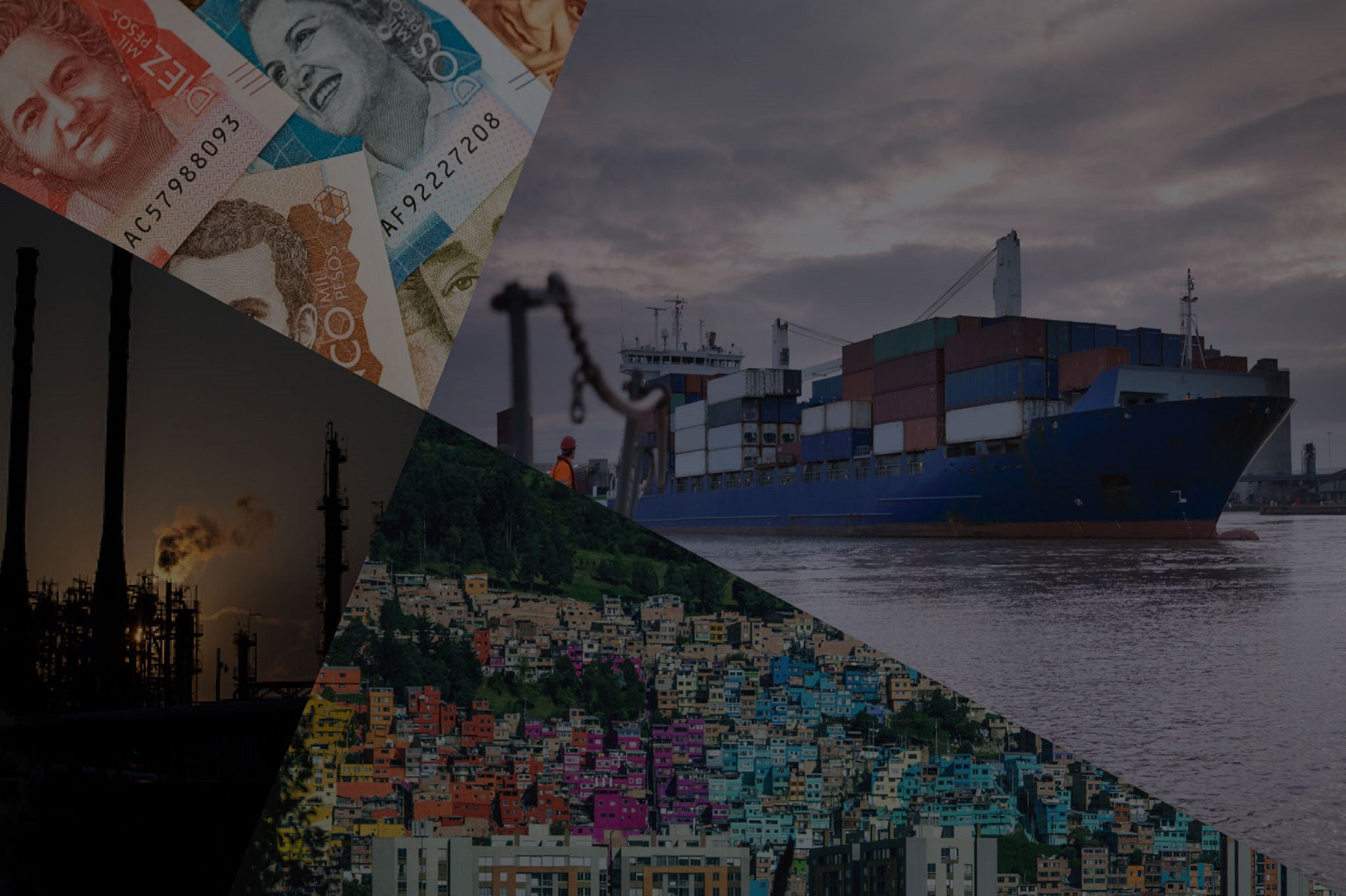 Photo of city scape and cargo ship and paper currency