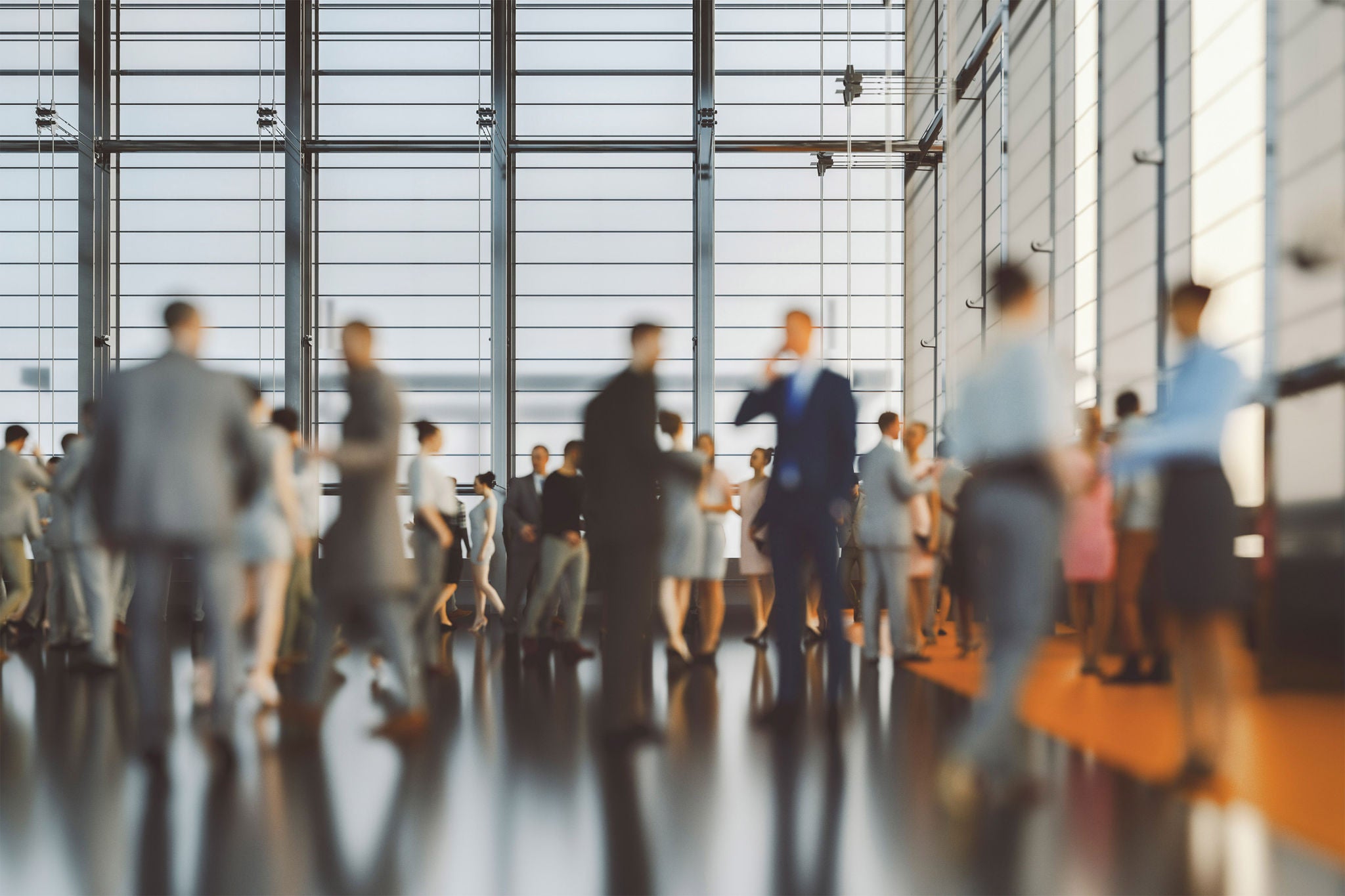 Large group of business people in convention centre, 3D generated image.