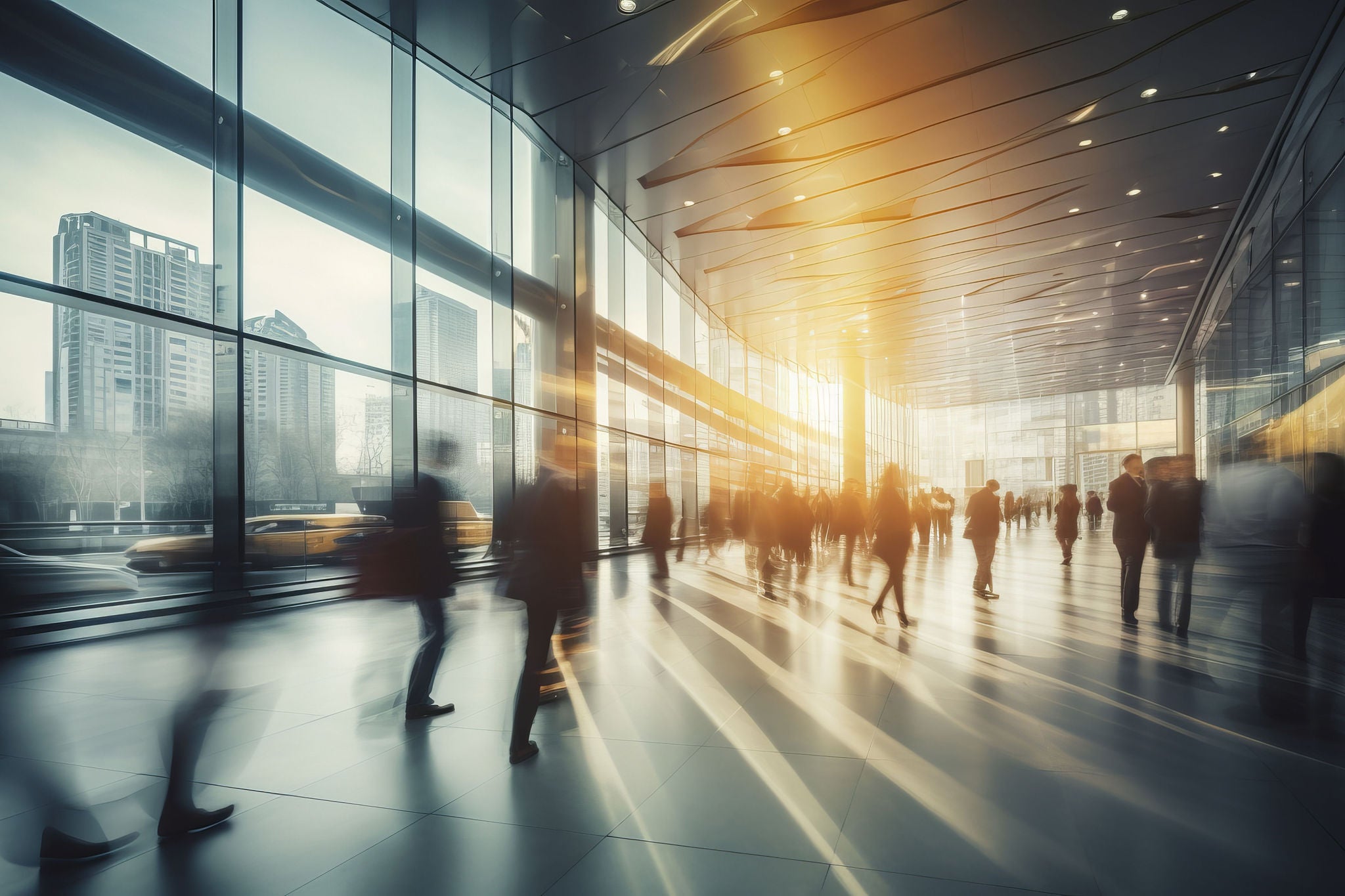 Long exposure shot of crowd of business people walking in bright office lobby fast moving with blur. Abstract blurred office interior space background. blue and orange colors. Business concept