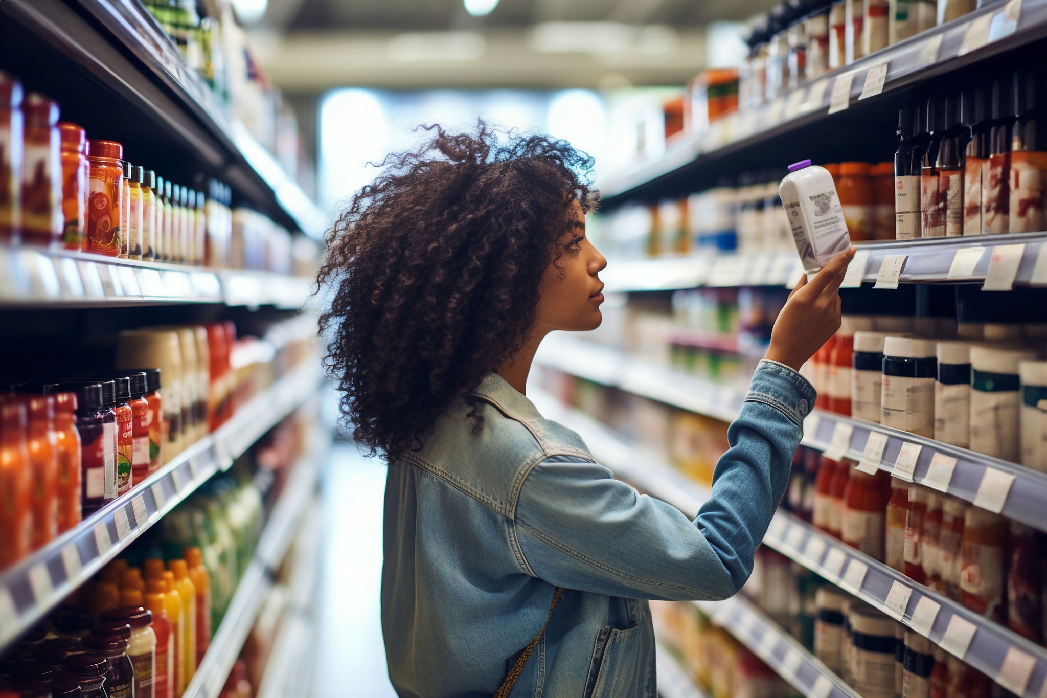 A woman carefully evaluates products in a grocery store