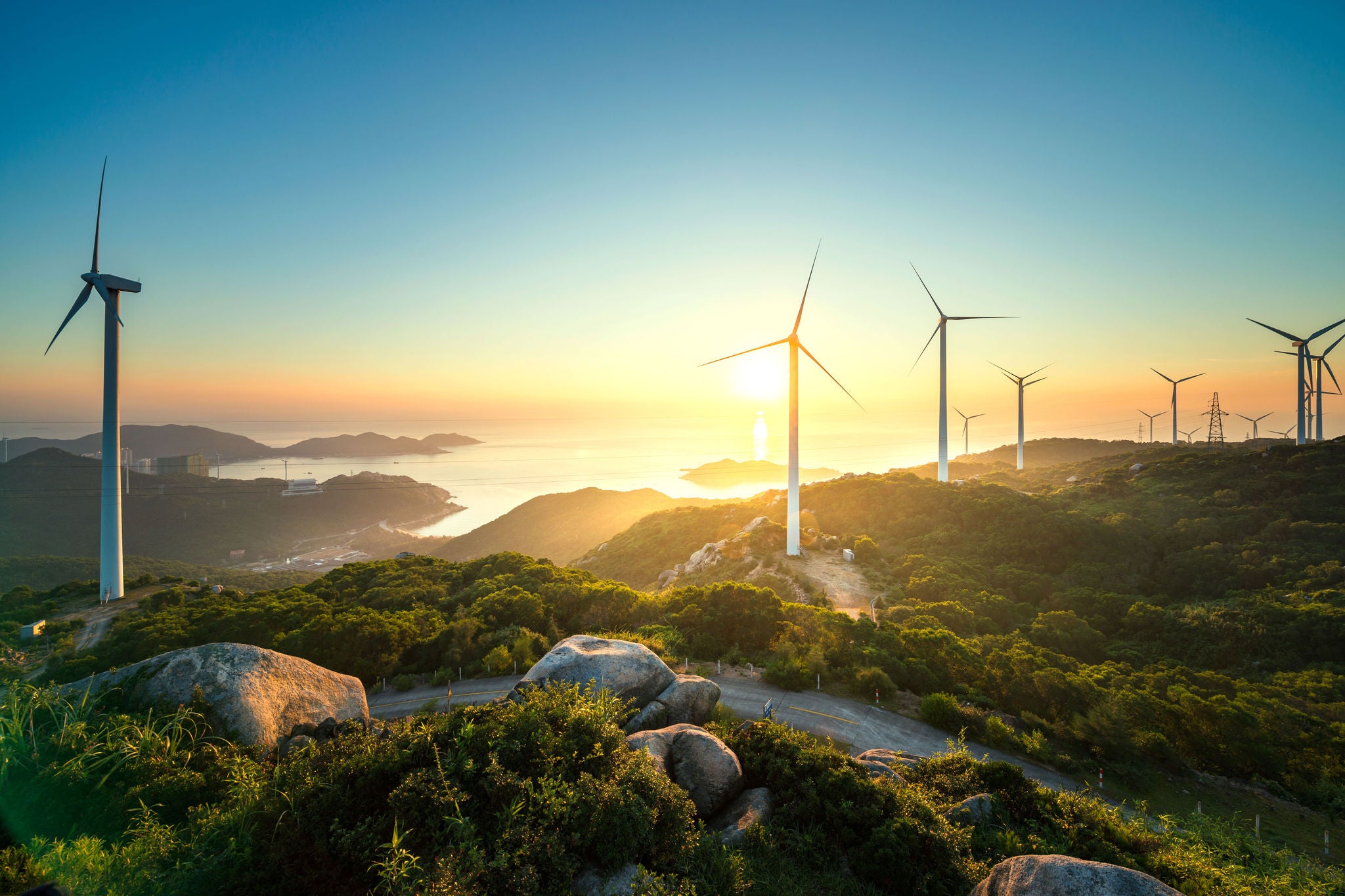 Molinos de energía eólica en un campo al amanecer