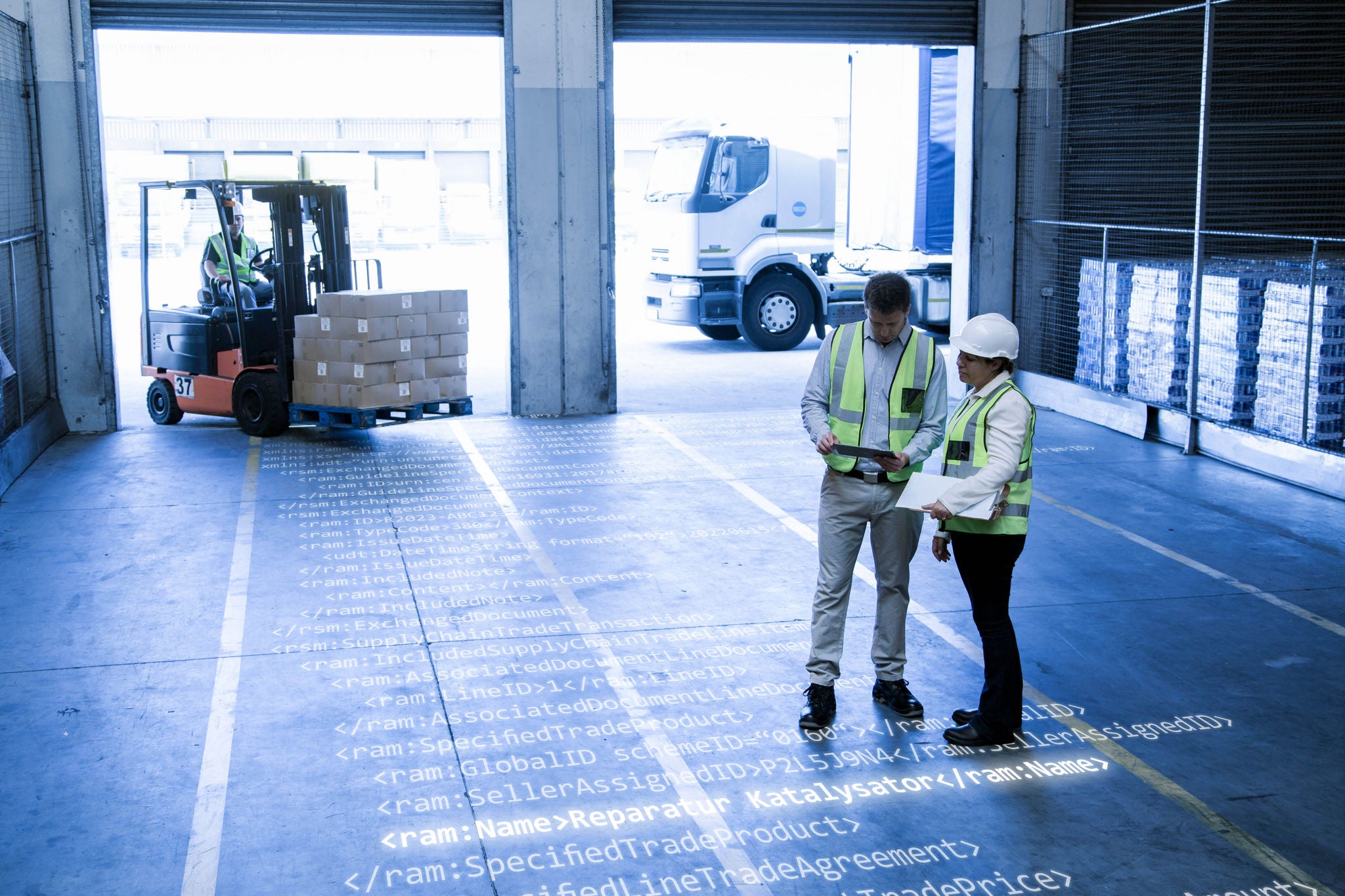 Arbeiter beim Umlagern von Waren und Beladen eines Lastwagens in einem Verteilungslager. Ueberlagerung mit einer XML-Rechnung.