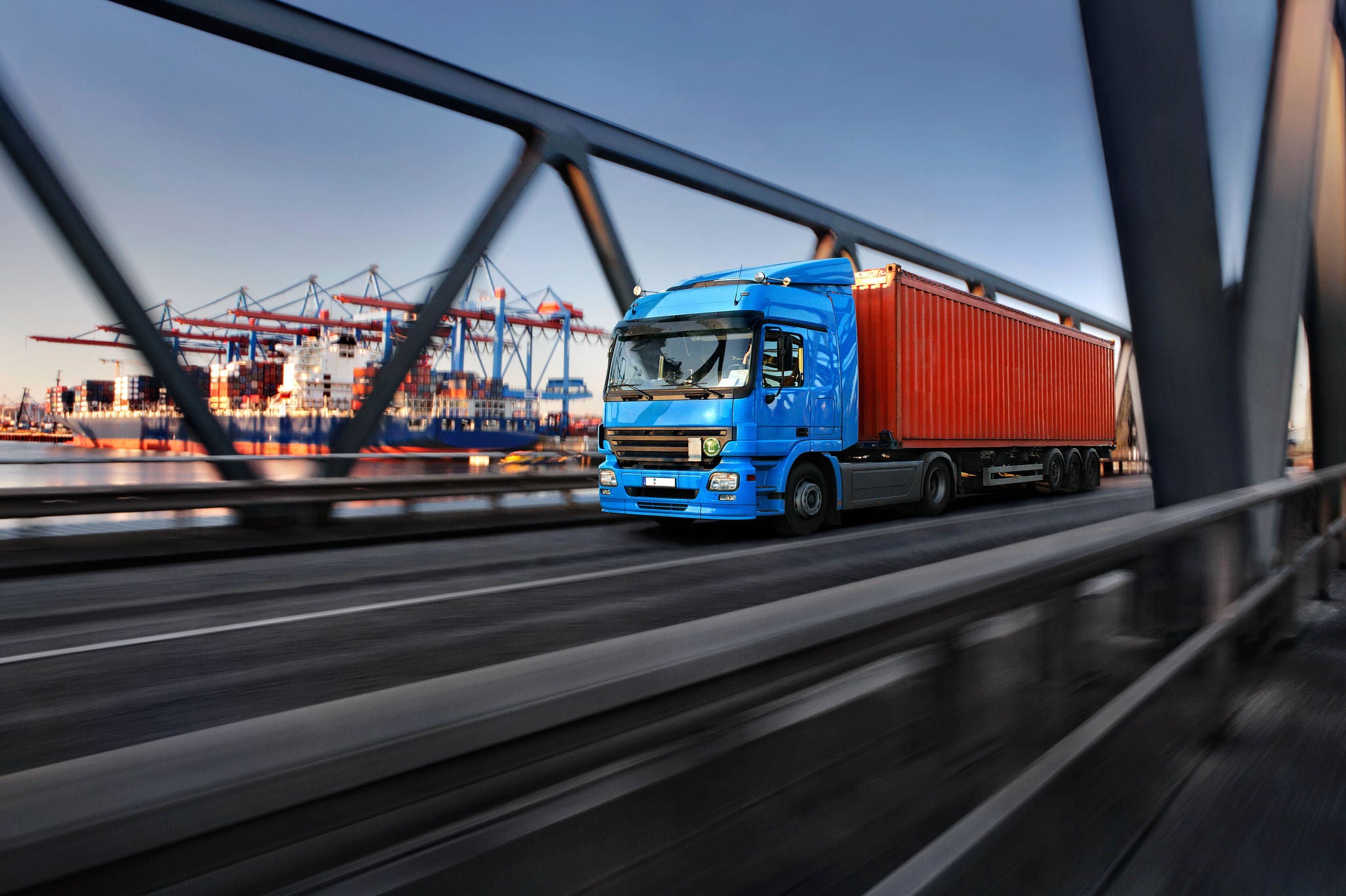 Container truck running through road