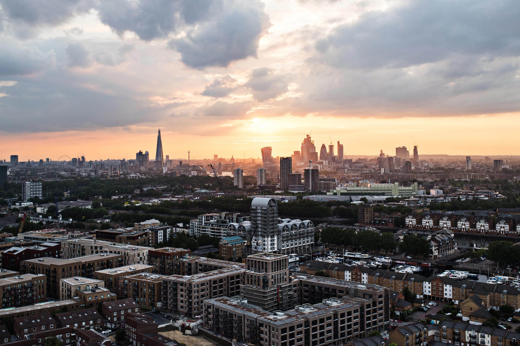 A sunset over a skyline of London