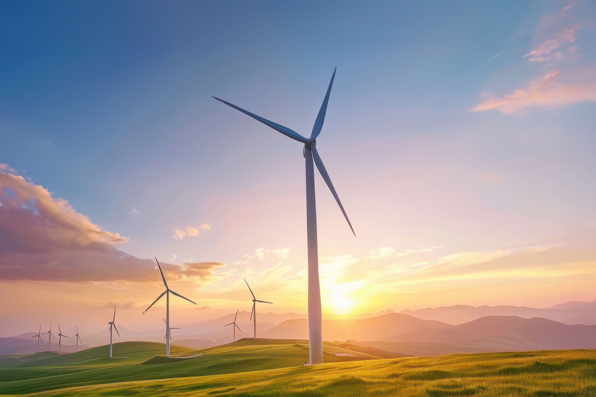 Wind turbines generating energy on a farm, renewable and rural sustainability.