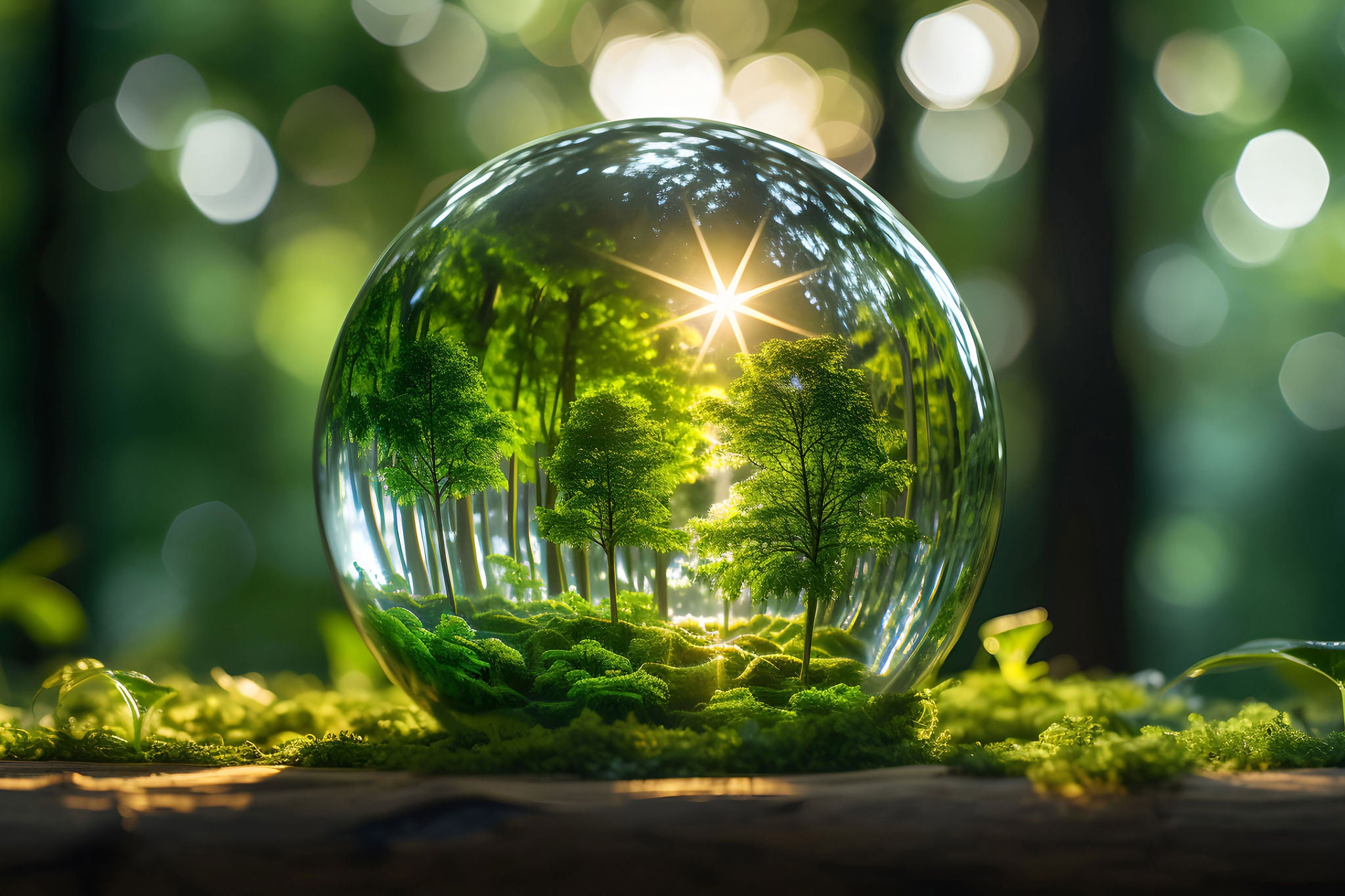 Glass globe in green forest with the icon environment of ESG, co2, circular company, and net zero.Technology Environment, society, and governance for sustainable business on green company Concept