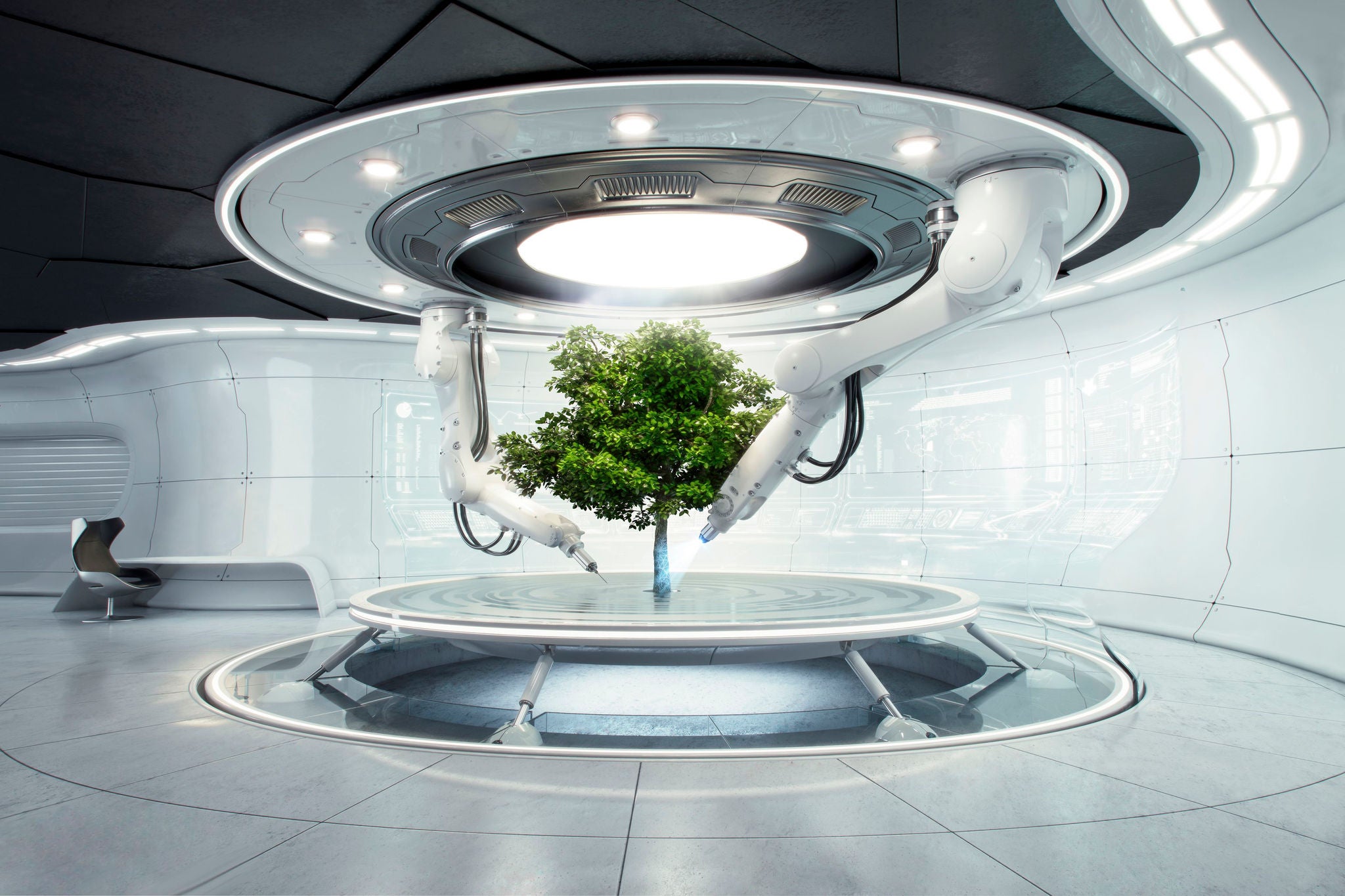 Futuristic laboratory with tree and robot arms