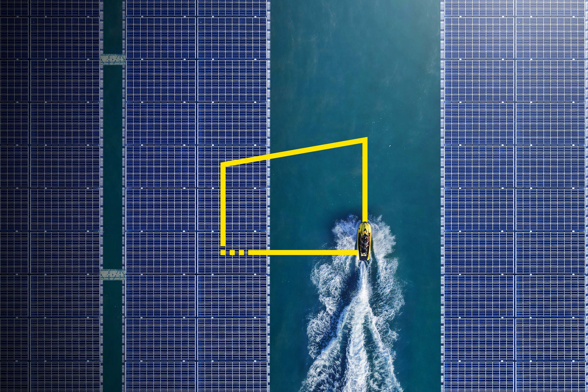 Aerial view/solar panel floating in the dam a clean energy source