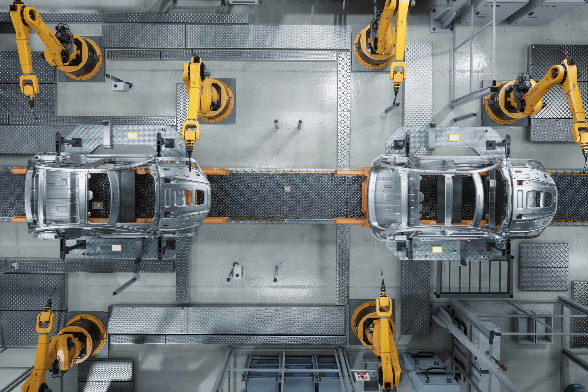 Aerial Car Factory 3D Concept: Automated Robot Arm Assembly.