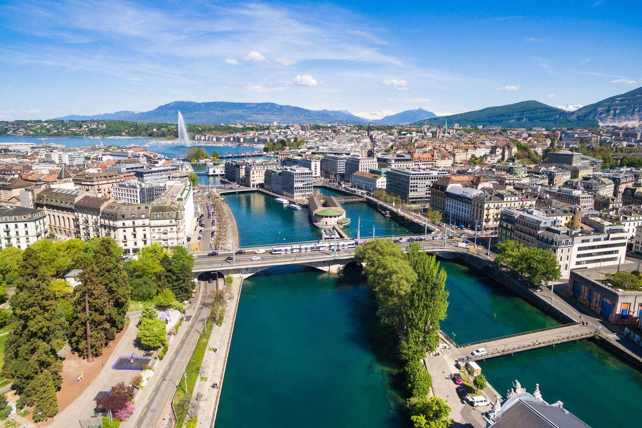 Aerial view of Leman lake -  Geneva city in Switzerland