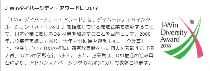 「2018 J-Winダイバーシティ・アワード」において「ベーシックアチーブメント準大賞」を受賞　