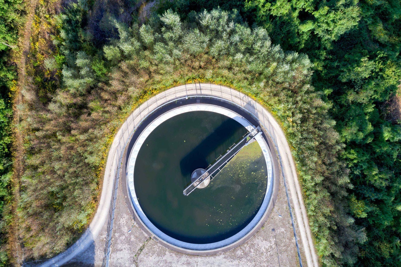 Aerial view of a sewage treatment plant, Bavaria, Germany