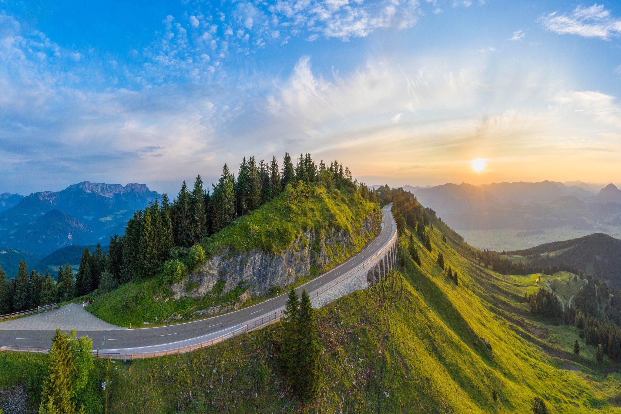 Aerial panorama of Rossfeld mountain panoramic road, Berchtesgaden, Germany