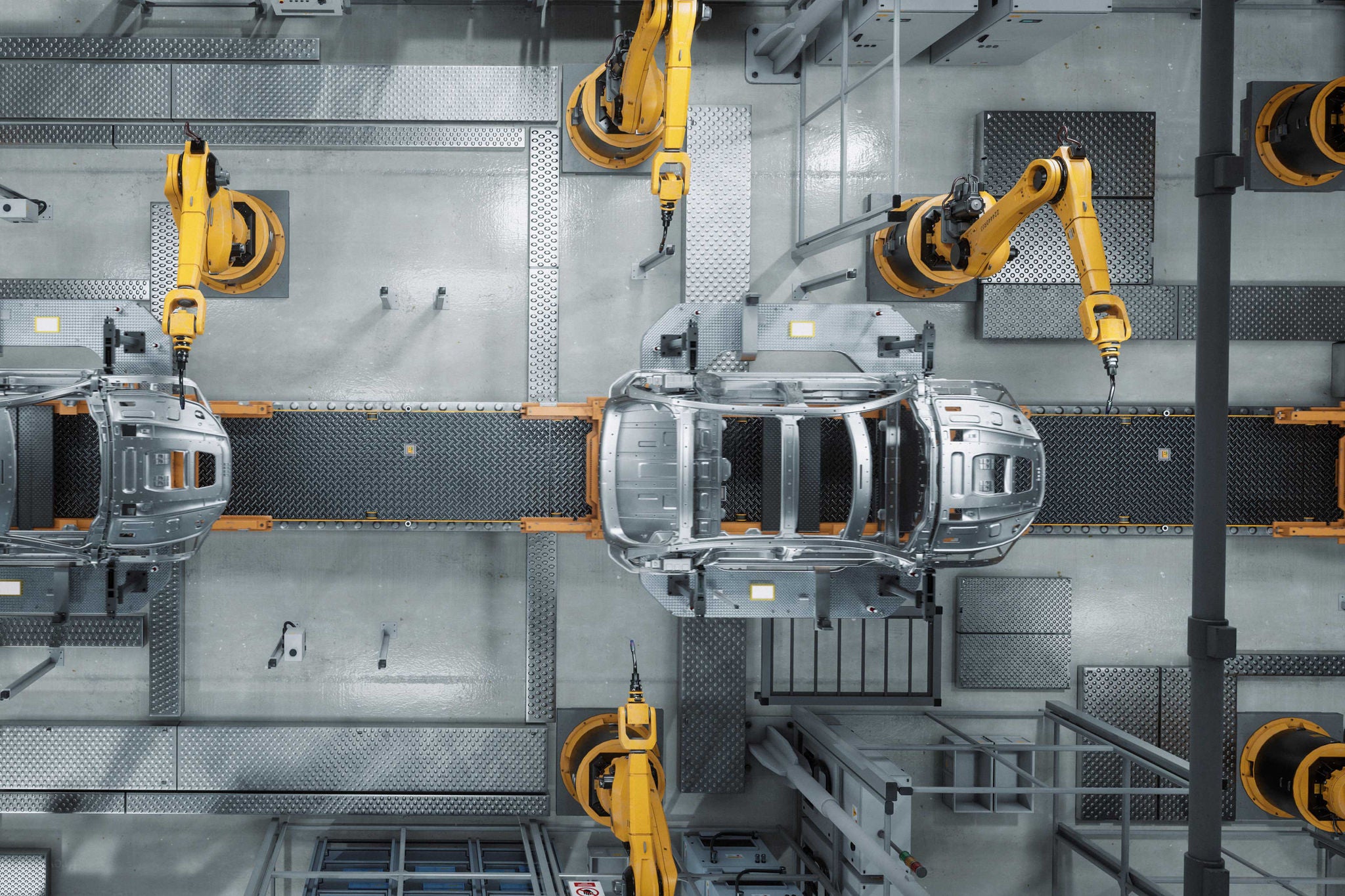 Aerial Car Factory 3D Concept: Automated Robot Arm Assembly Line Manufacturing Advanced High-Tech Green Energy Electric Vehicles. Construction, Building, Welding Industrial Production Conveyor