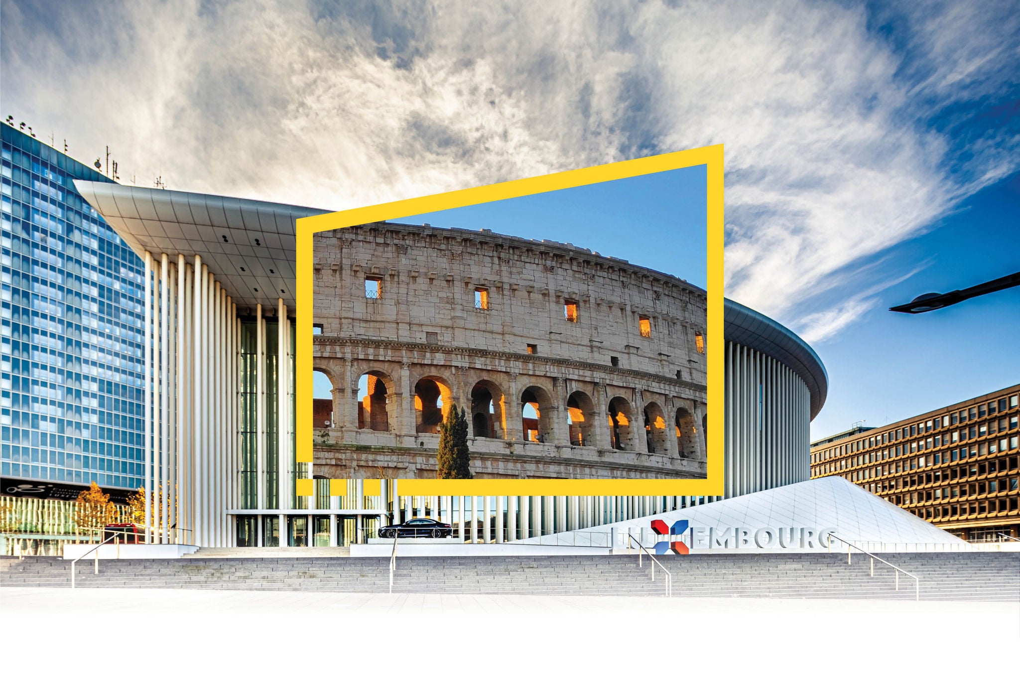 Picture of Colosseum pasted on the Picture of Luxembourg Philharmonie