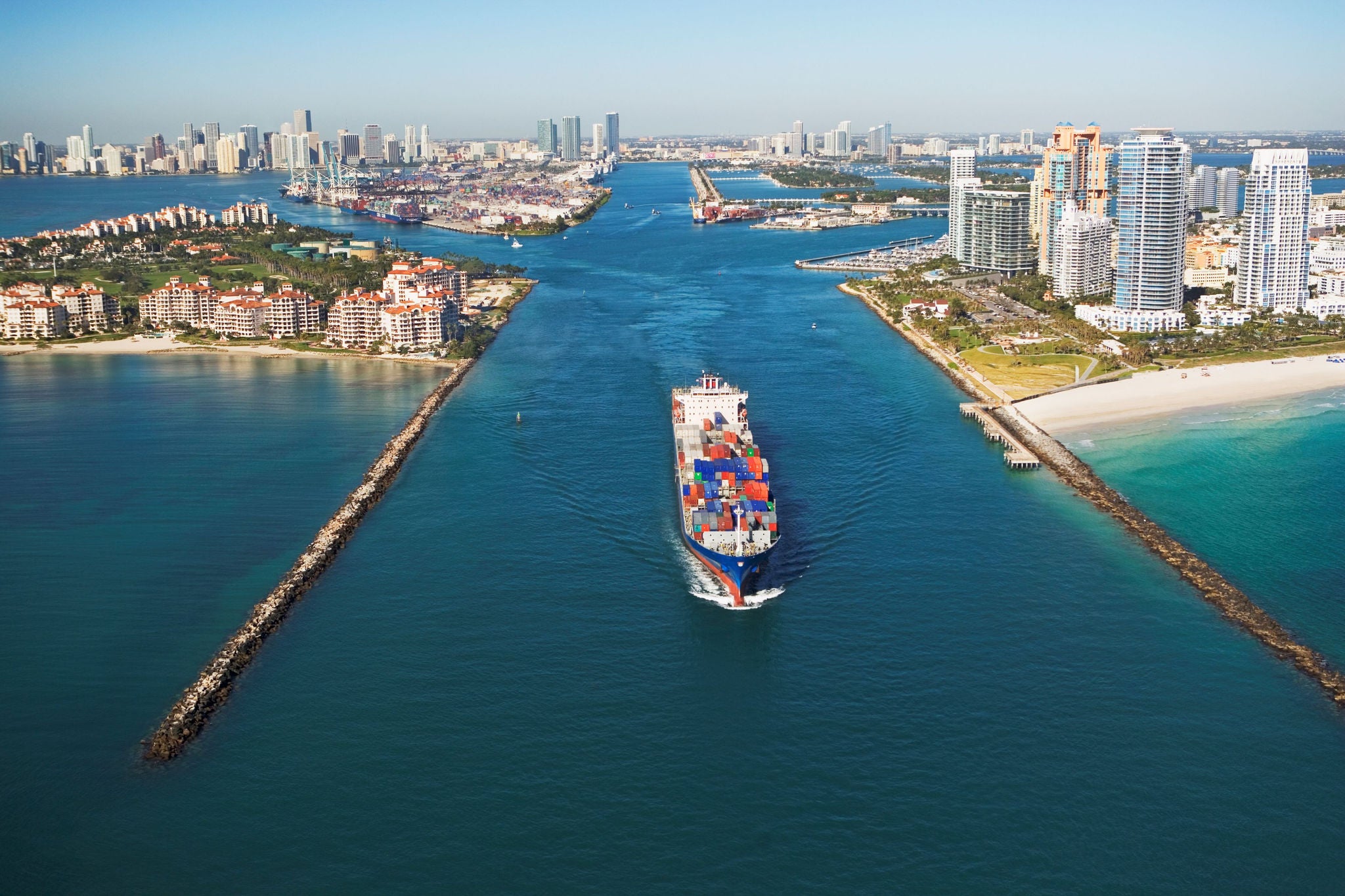 Aerial view waterfront city cargo ship